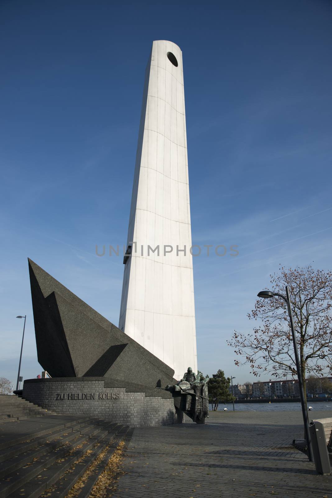 war monument on the promenade of rotterdam near the erasmusbridge, the monument is for the fallen in the second world war
