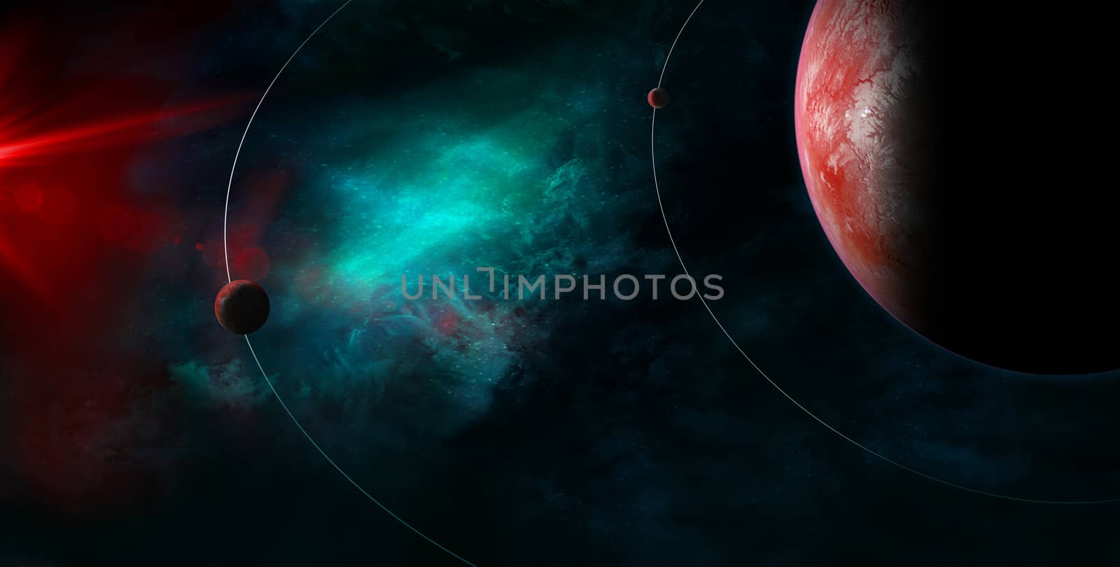 Celestial Art, small planets orbiting around big planet. Stars and galaxies in outer space showing the beauty of space exploration. planet texture furnished by NASA, 3d Render, 3d Illustration