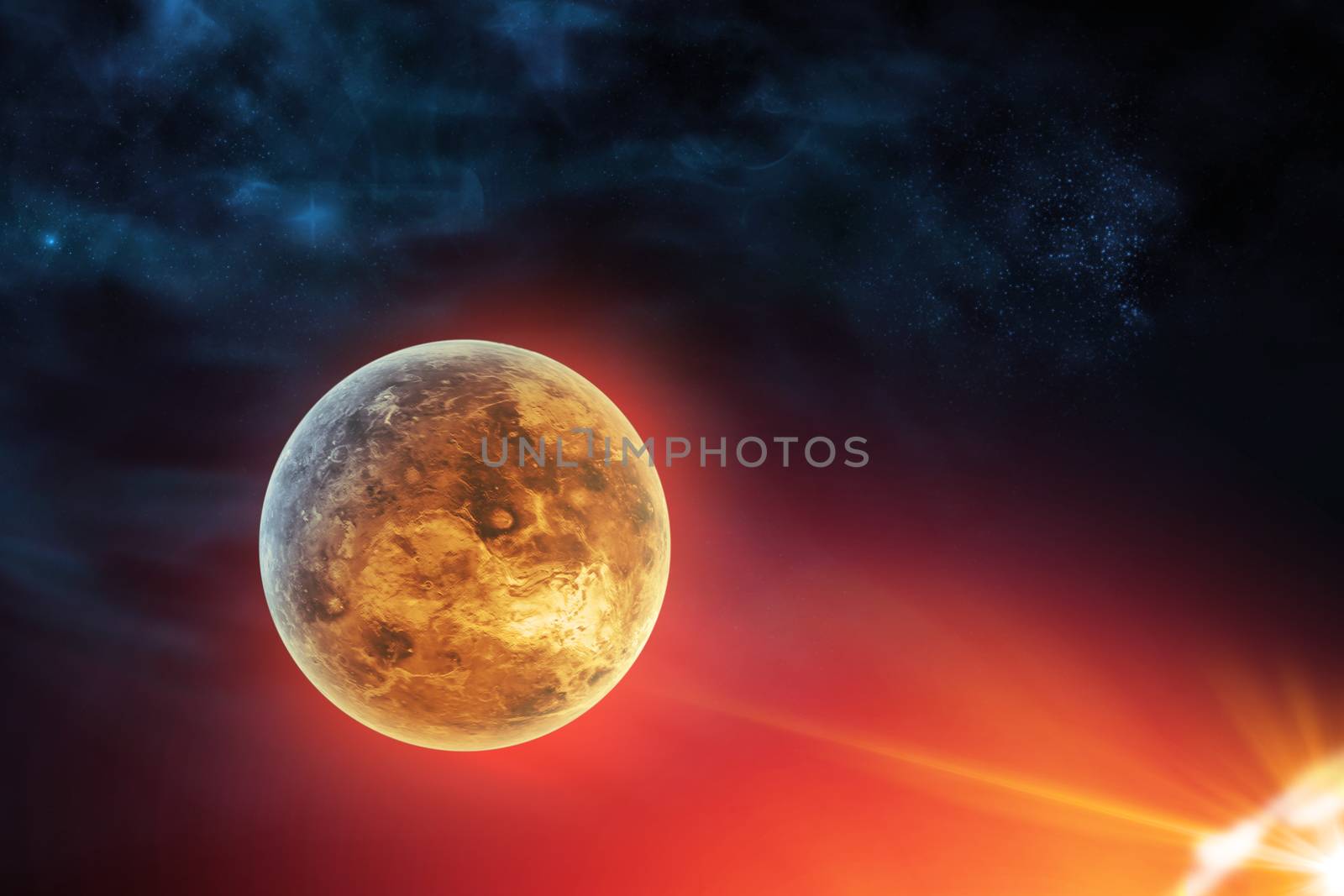 Celestial digital art, Venus planet in outer space near sun, stars and galaxies in outer space showing the beauty of space exploration. planet texture furnished by NASA, 
