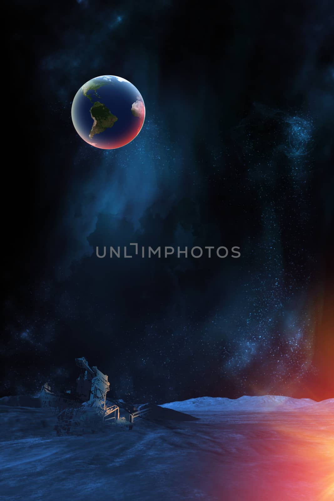 Celestial digital art, earth plant from moon surface viewpoint, stars and galaxies in outer space showing the beauty of space exploration. Planet texture furnished by NASA, 3d Render, 3d Illustration