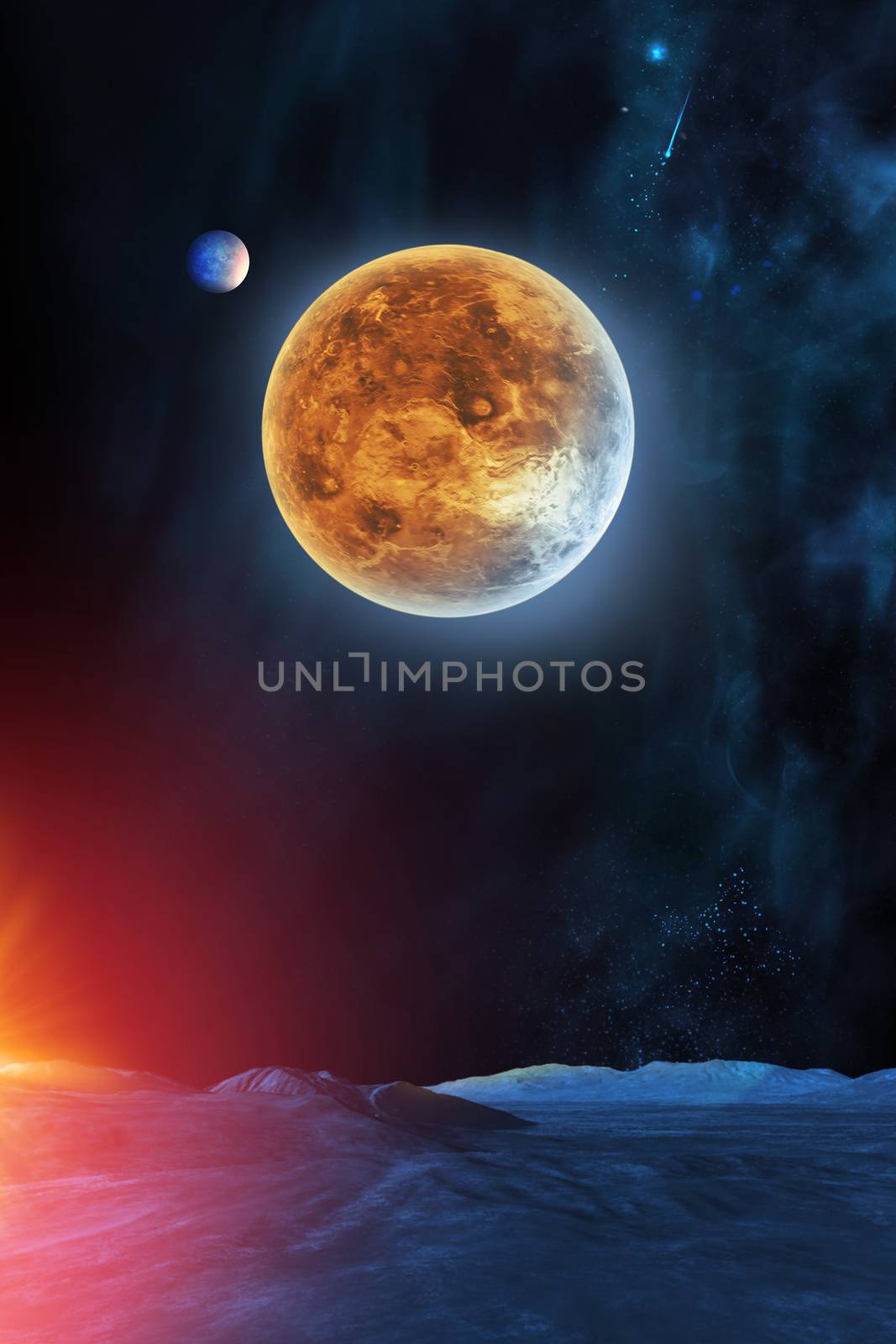 Celestial digital art, Venus planet in sky from neighbor planet view, stars and galaxies in outer space showing the beauty of space exploration. Planet texture furnished by NASA, 3d Render, 3d Illustration 