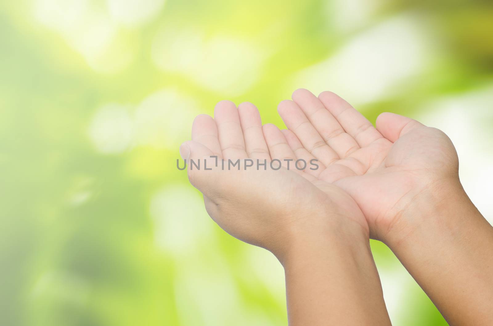 open hand on blurred abstract nature background