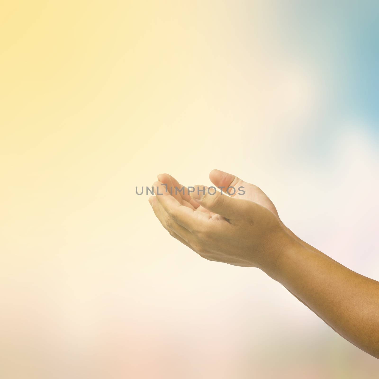 open hand on blurred abstract nature background - concept help by photobyphotoboy