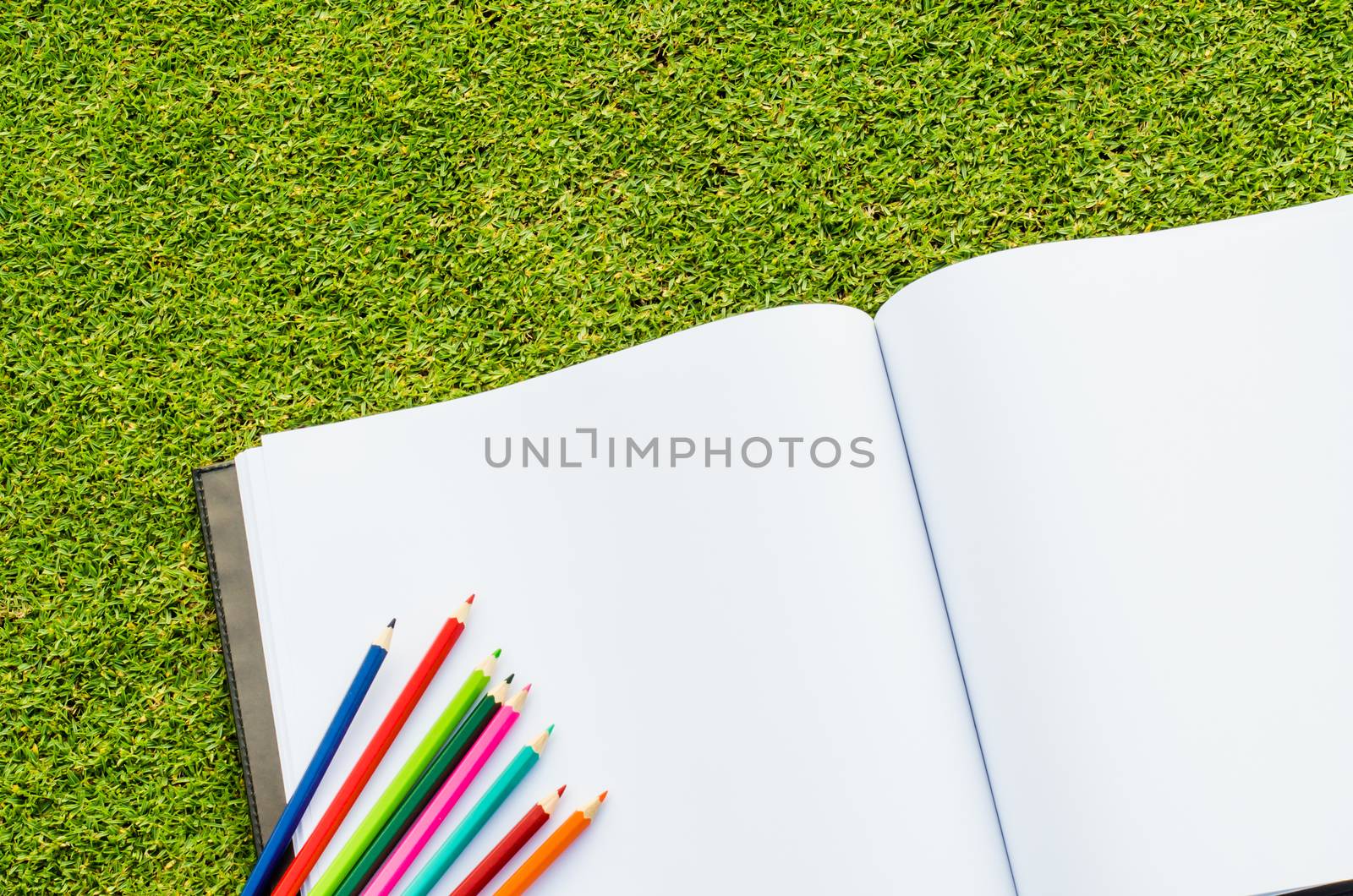 Color pencil and sketchbook on fresh spring green grass by photobyphotoboy