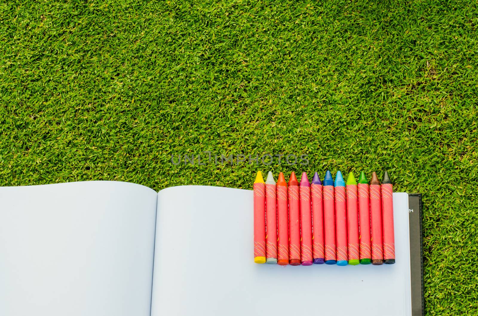 wax crayons and sketchbook on fresh spring green grass by photobyphotoboy