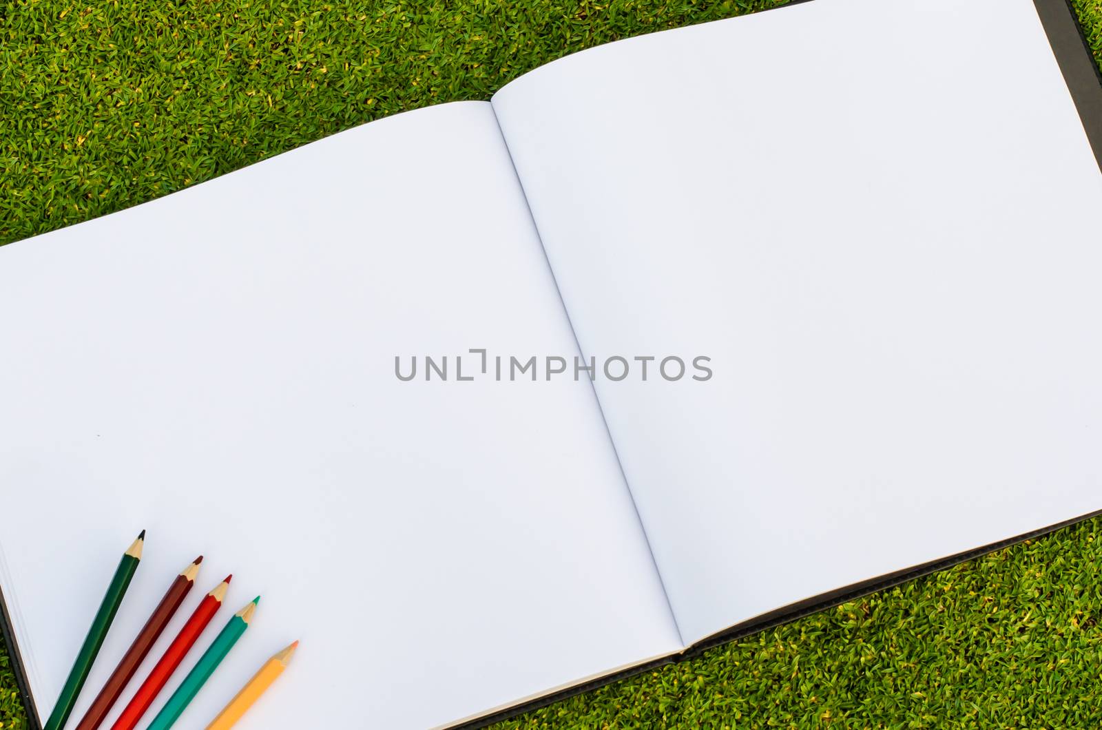 Color pencil and sketchbook on fresh spring green grass by photobyphotoboy