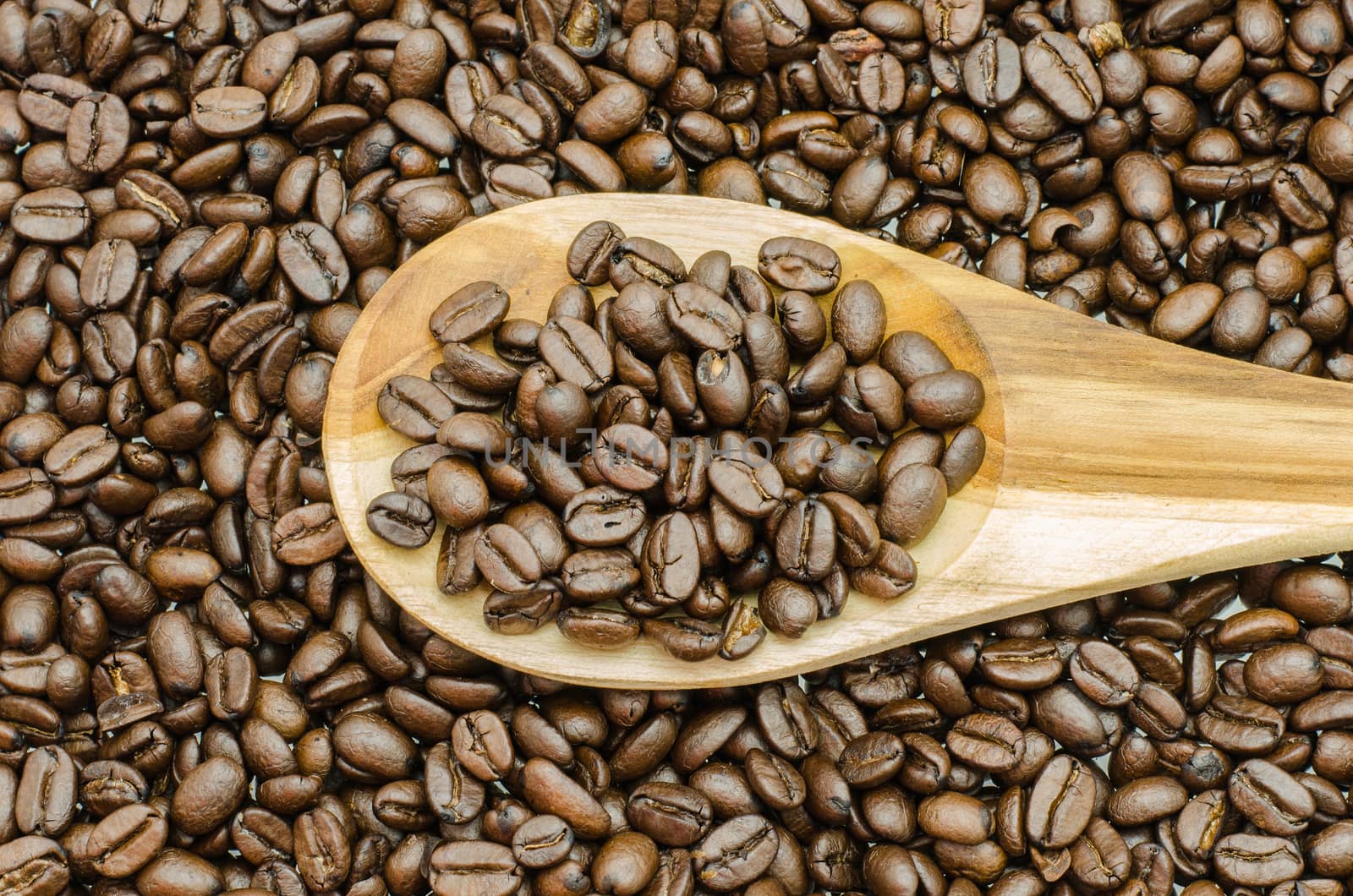 Coffee beans in wooden spoon, close up by photobyphotoboy