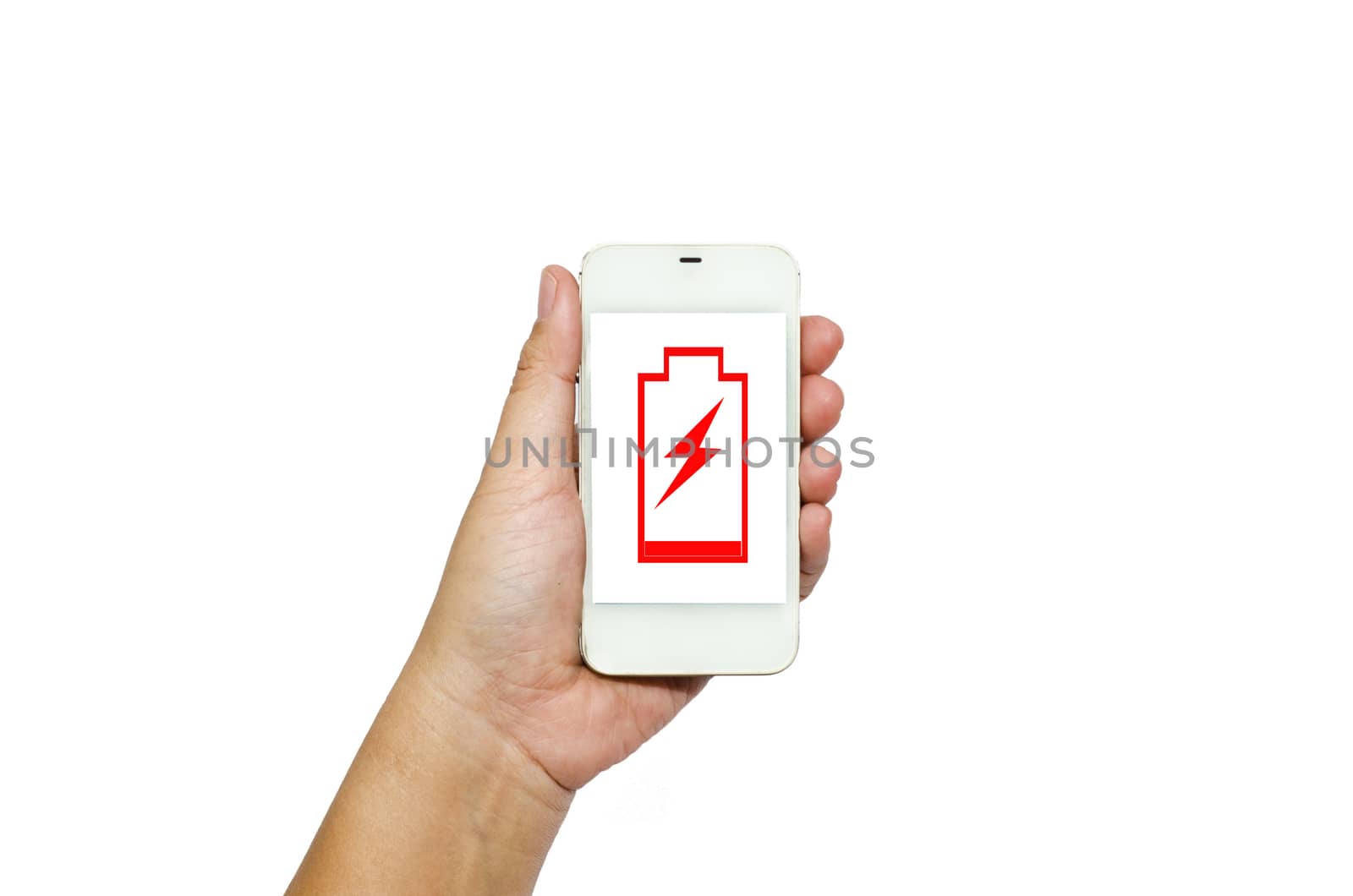 Hand holding smart phone isolated on white background