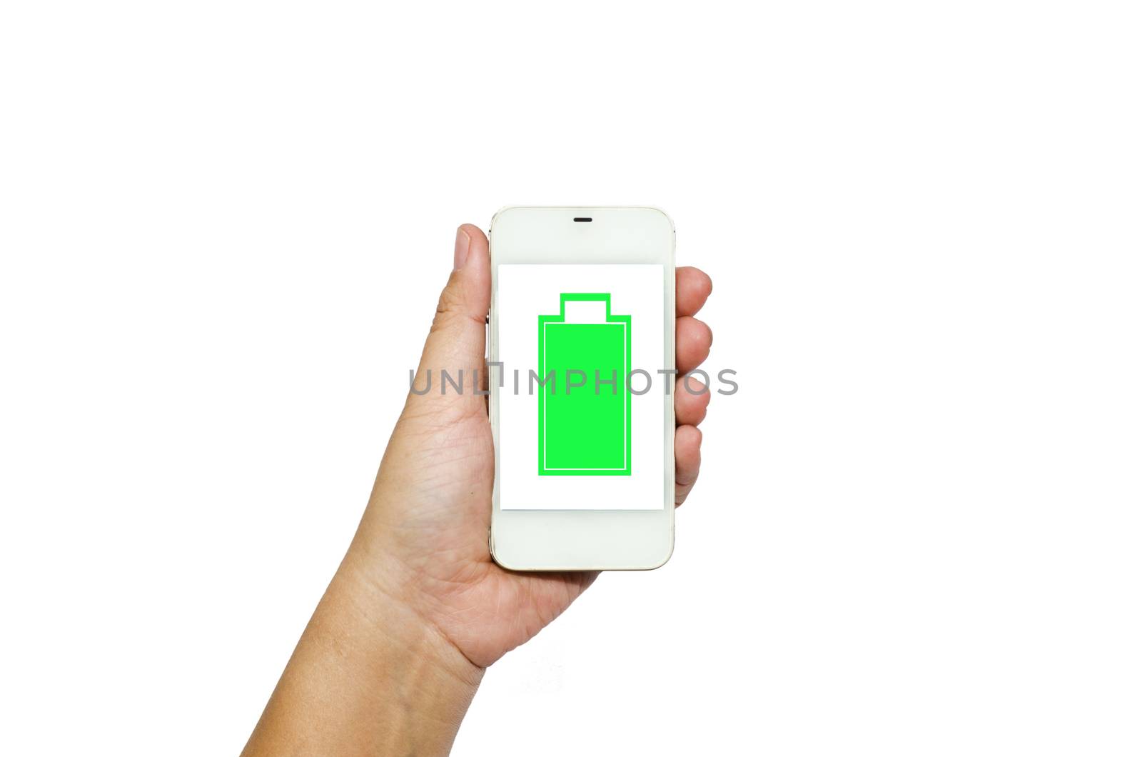 Hand holding smart phone isolated on white background by photobyphotoboy