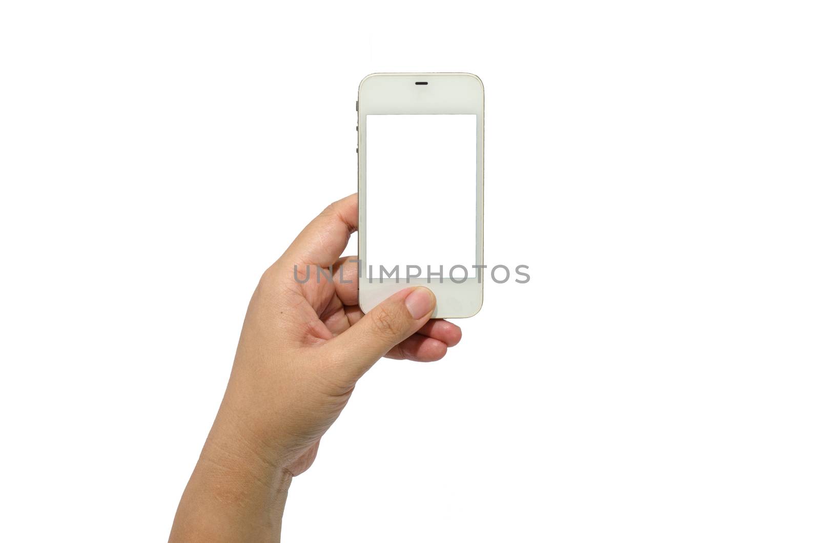 Hand holding smart phone isolated on white background by photobyphotoboy