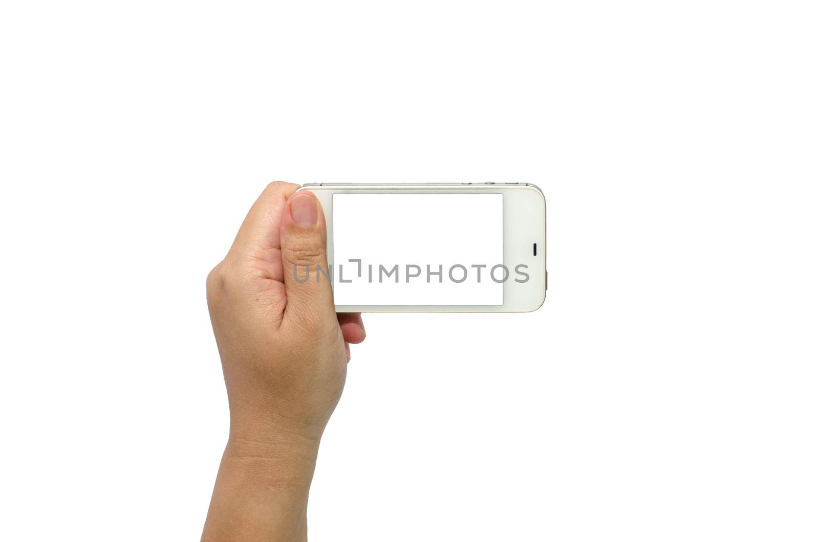 Hand holding smart phone isolated on white background