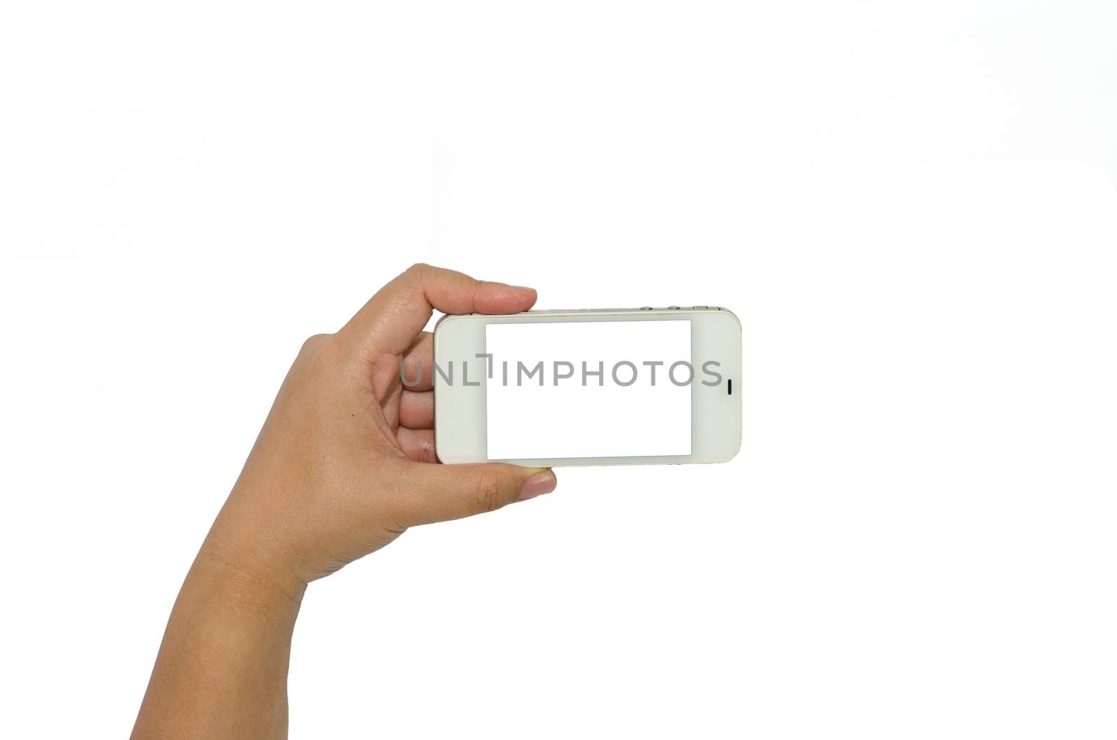 Hand holding smart phone isolated on white background by photobyphotoboy