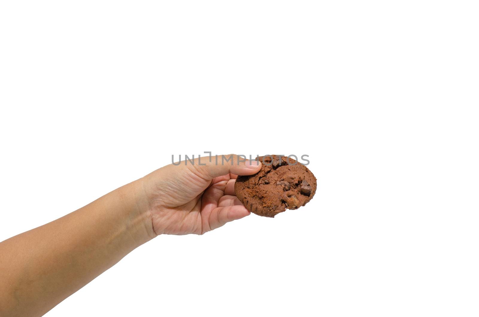 Hand holds  cookies on White background.