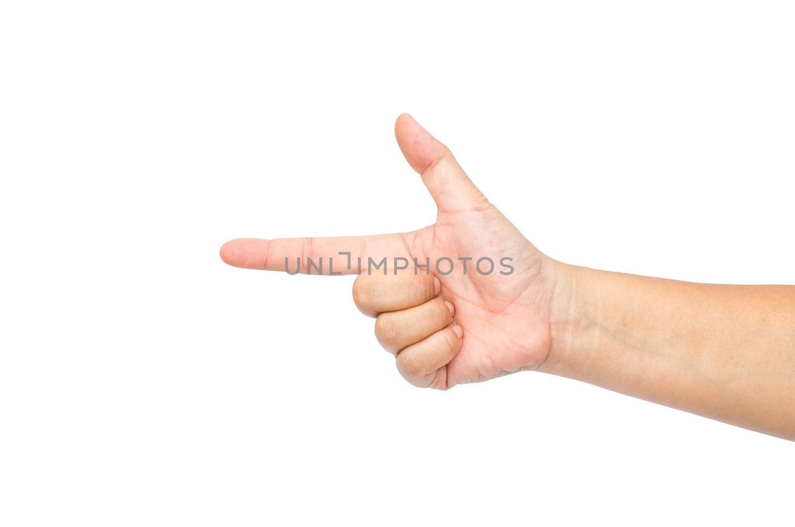 Pointing hand shooting ,aiming,isolated on a white background