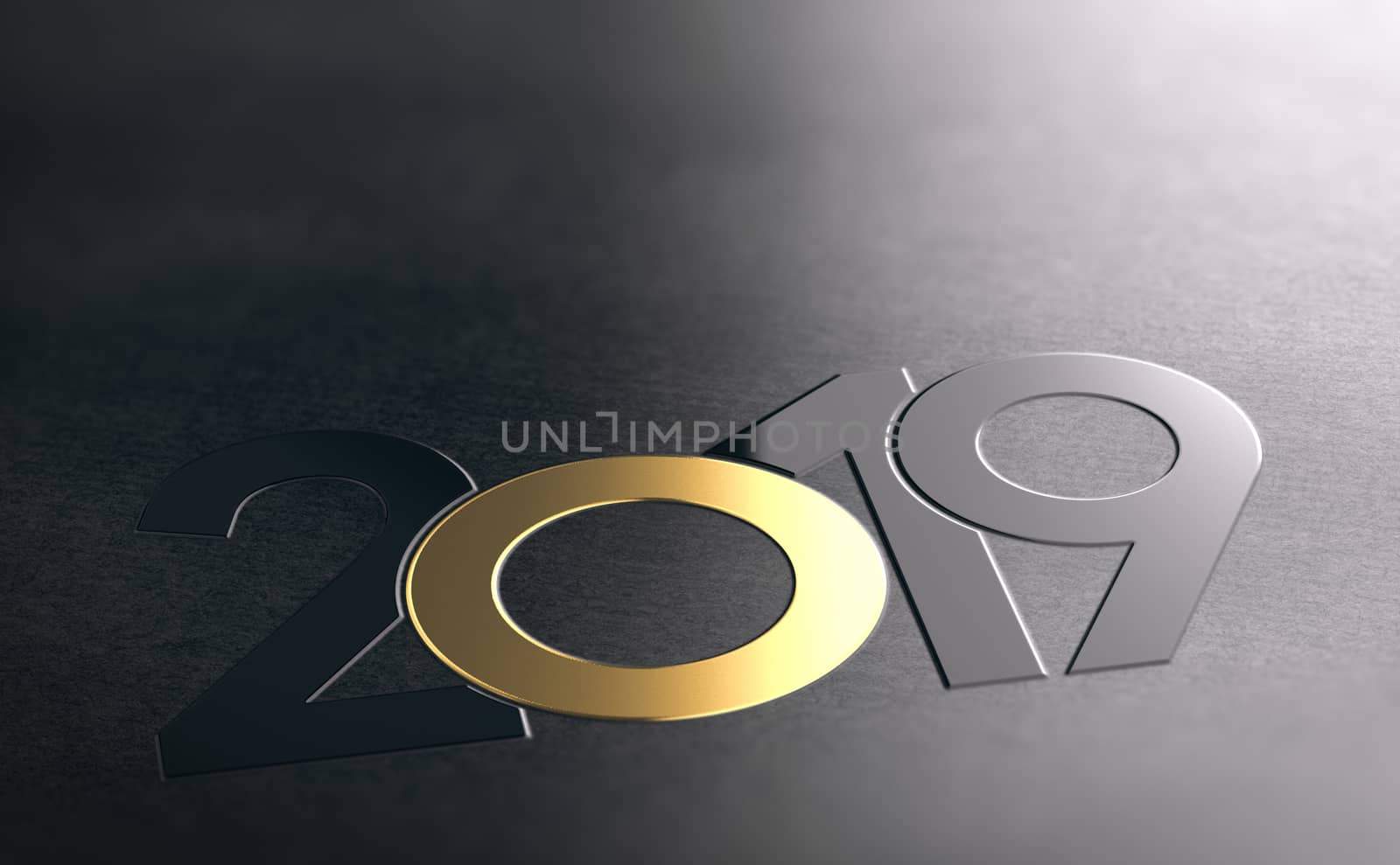 Year 2019 written with black and golden numbers over dark background. New year graphic design. 3D illustration