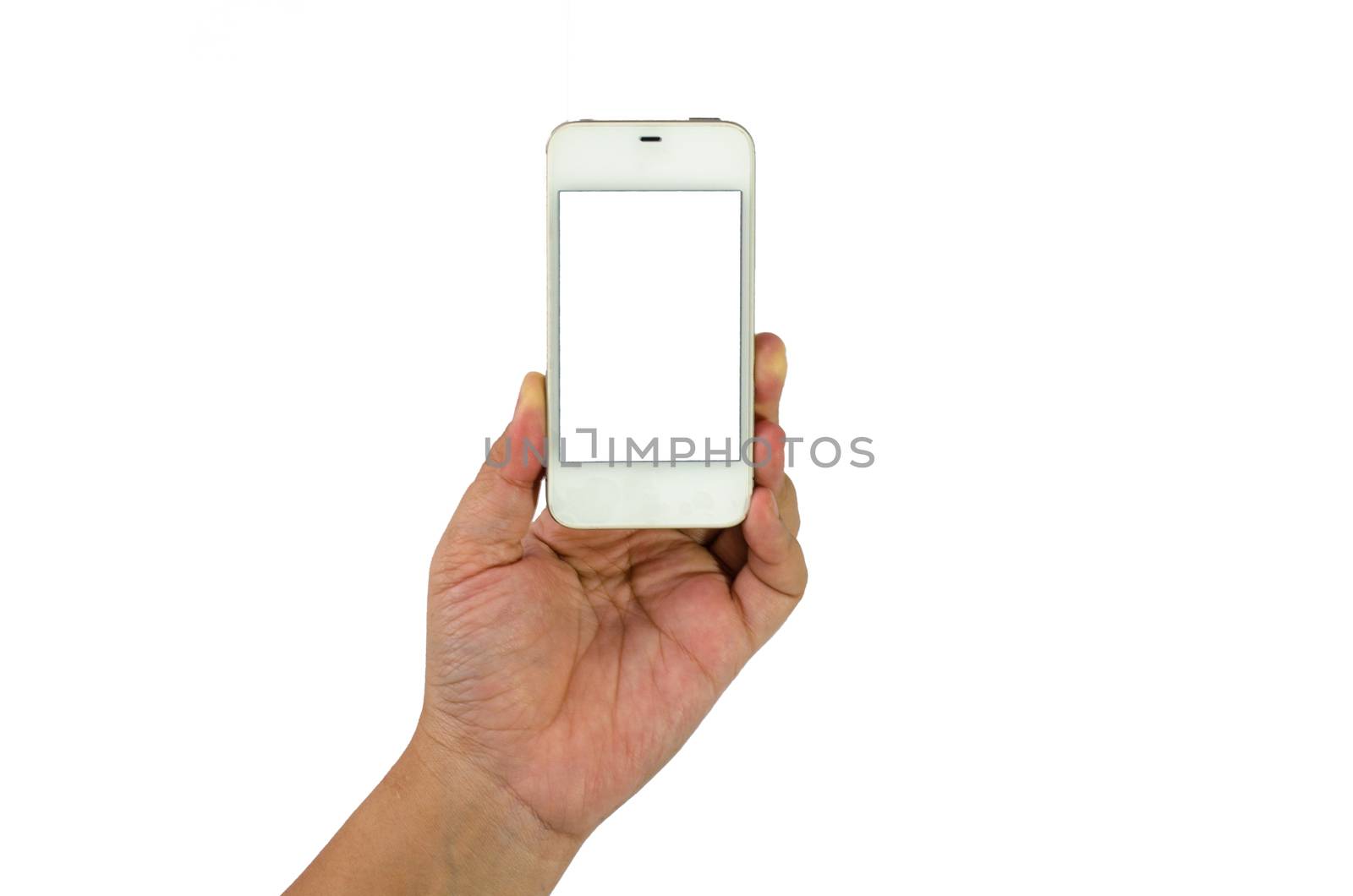 Hand holding smart phone isolated on white background by photobyphotoboy