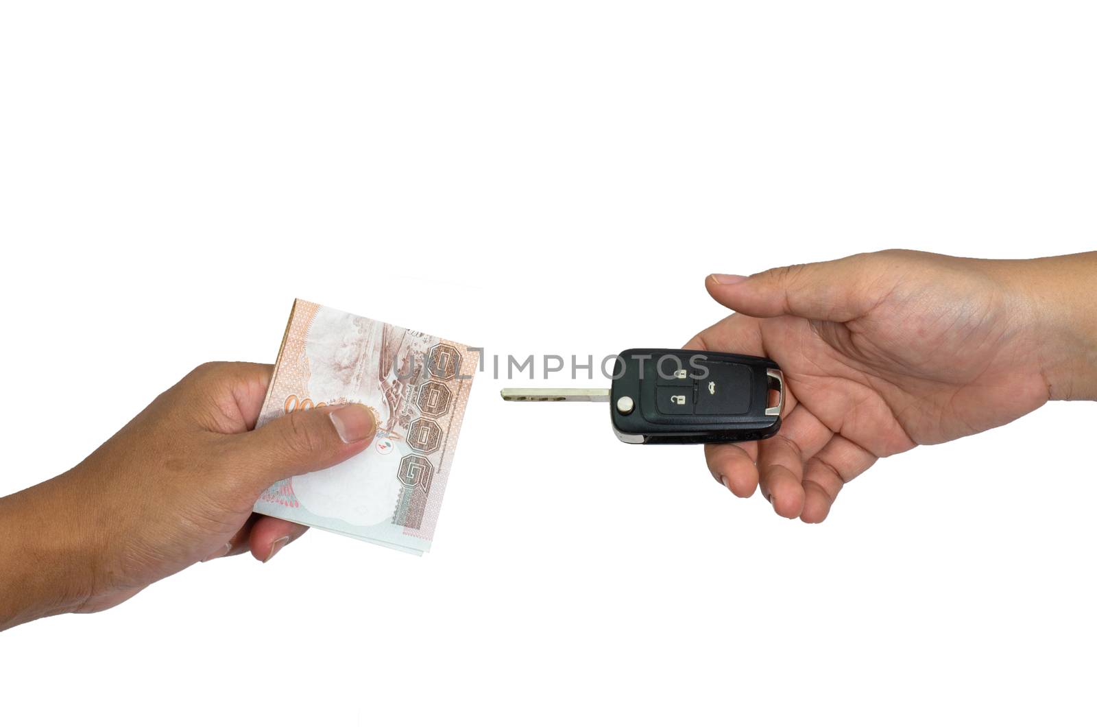 Hand with money and car keys, isolated on white background