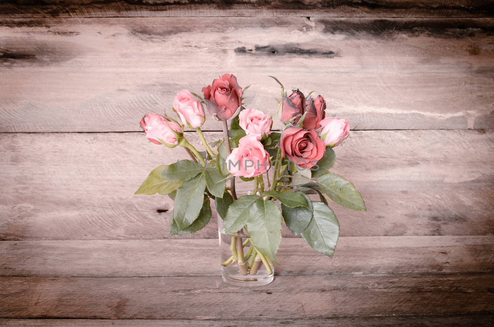 roses in glass on wooden bacgrould
