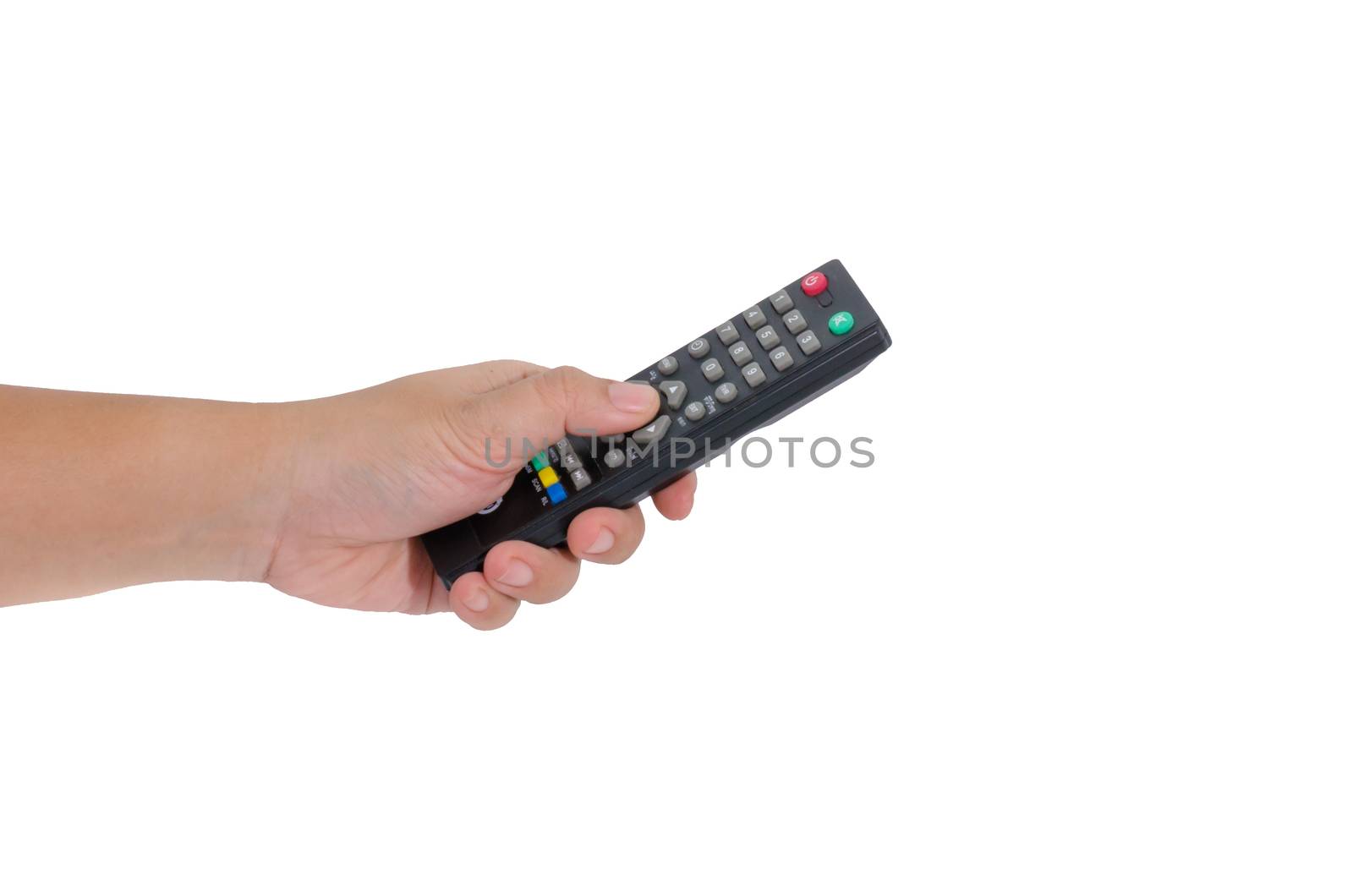 hand with remote control on white background