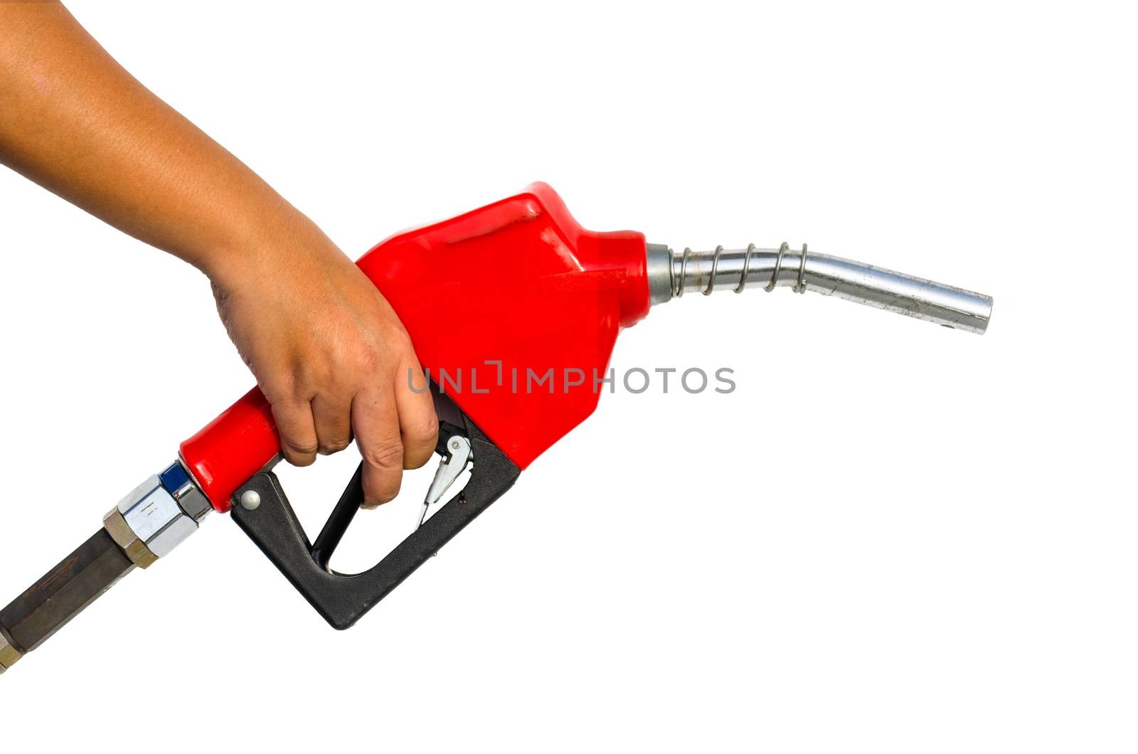 hand holding gas pump nozzle on white background