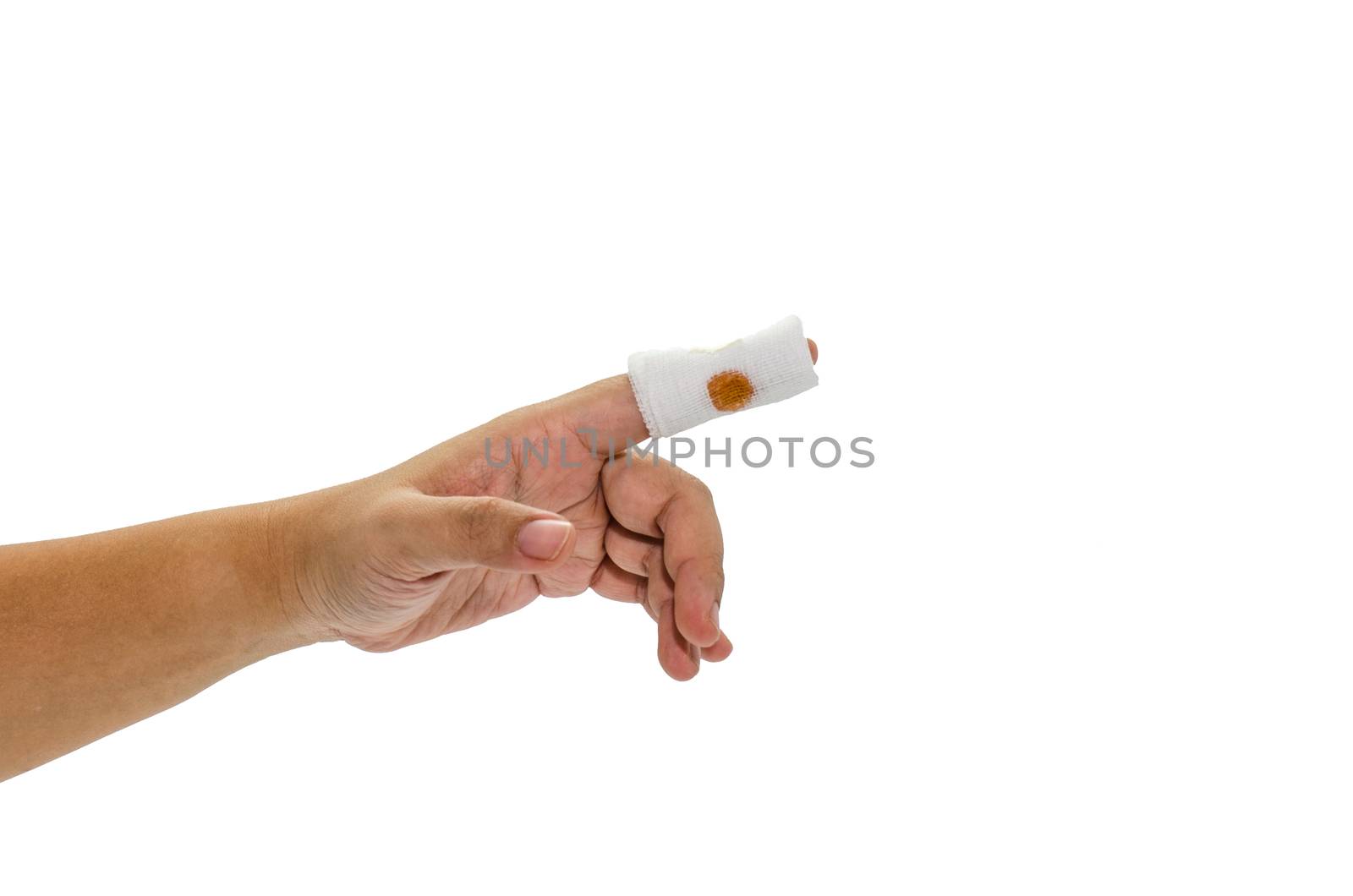 Wounded woman finger bandaged with plaster