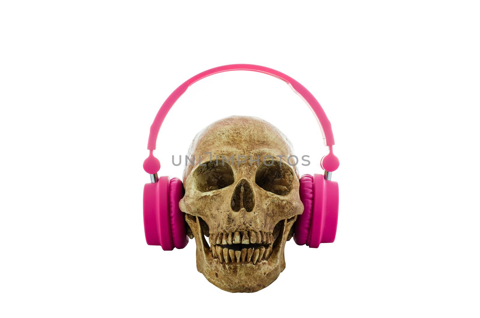 Skull with pink headphones isolated on white background by photobyphotoboy