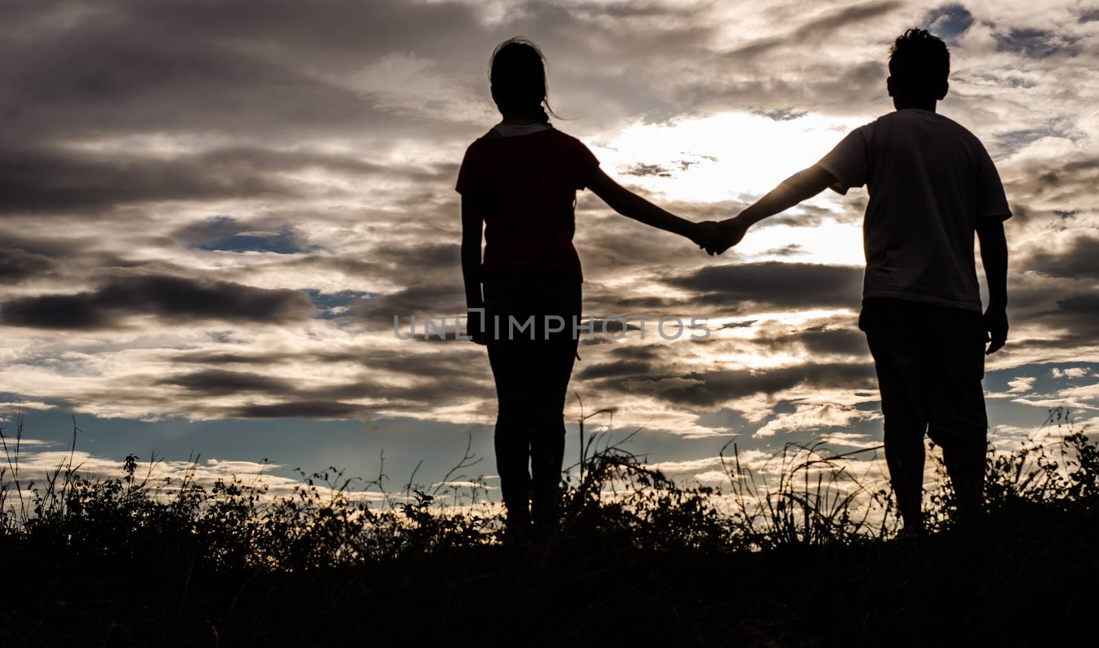 Shadow of female hands handshake from natural sunlight and the sky before sunset.