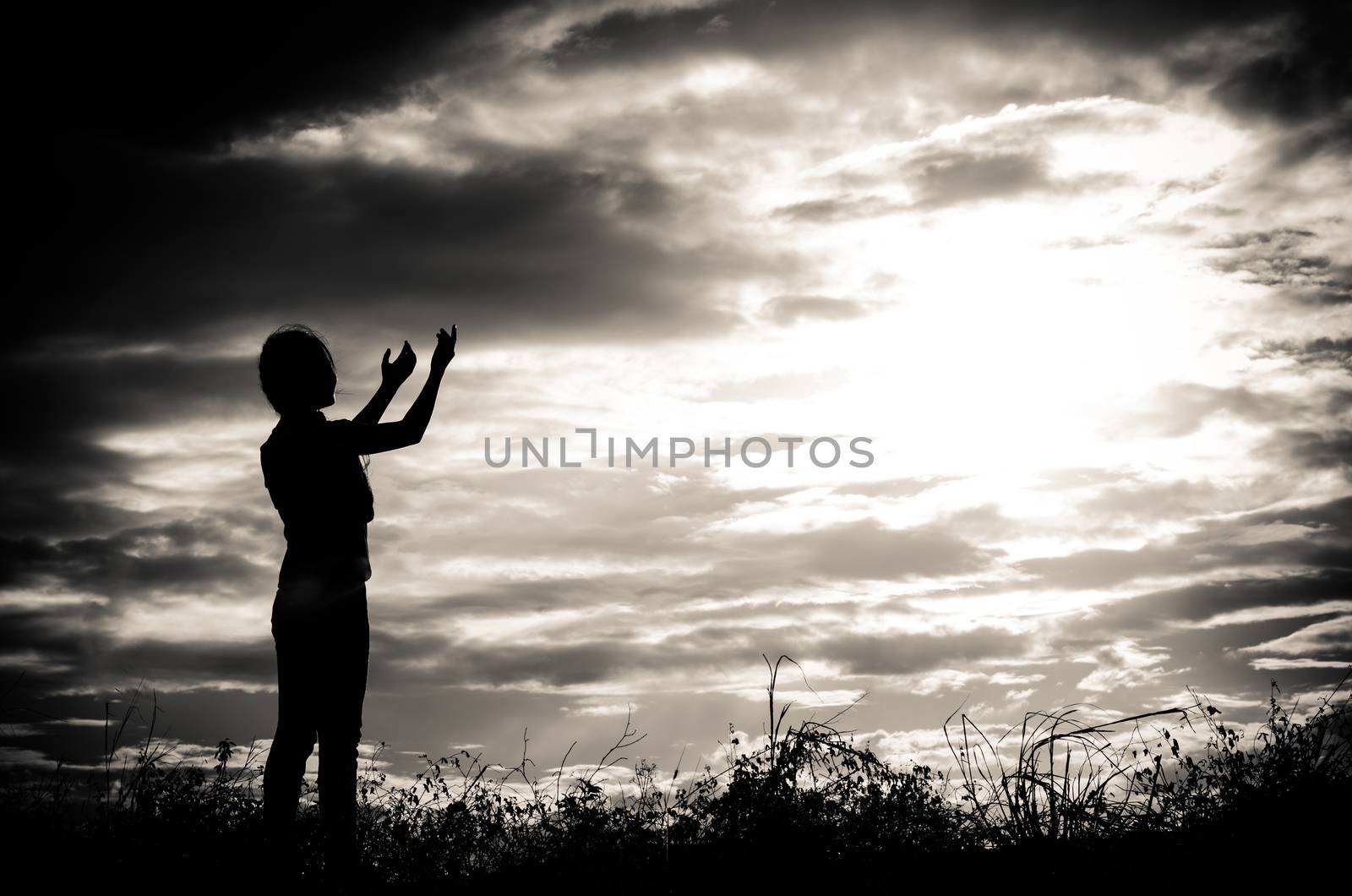 Shadow of a girl showing signs glad to see the sun, sky, nature