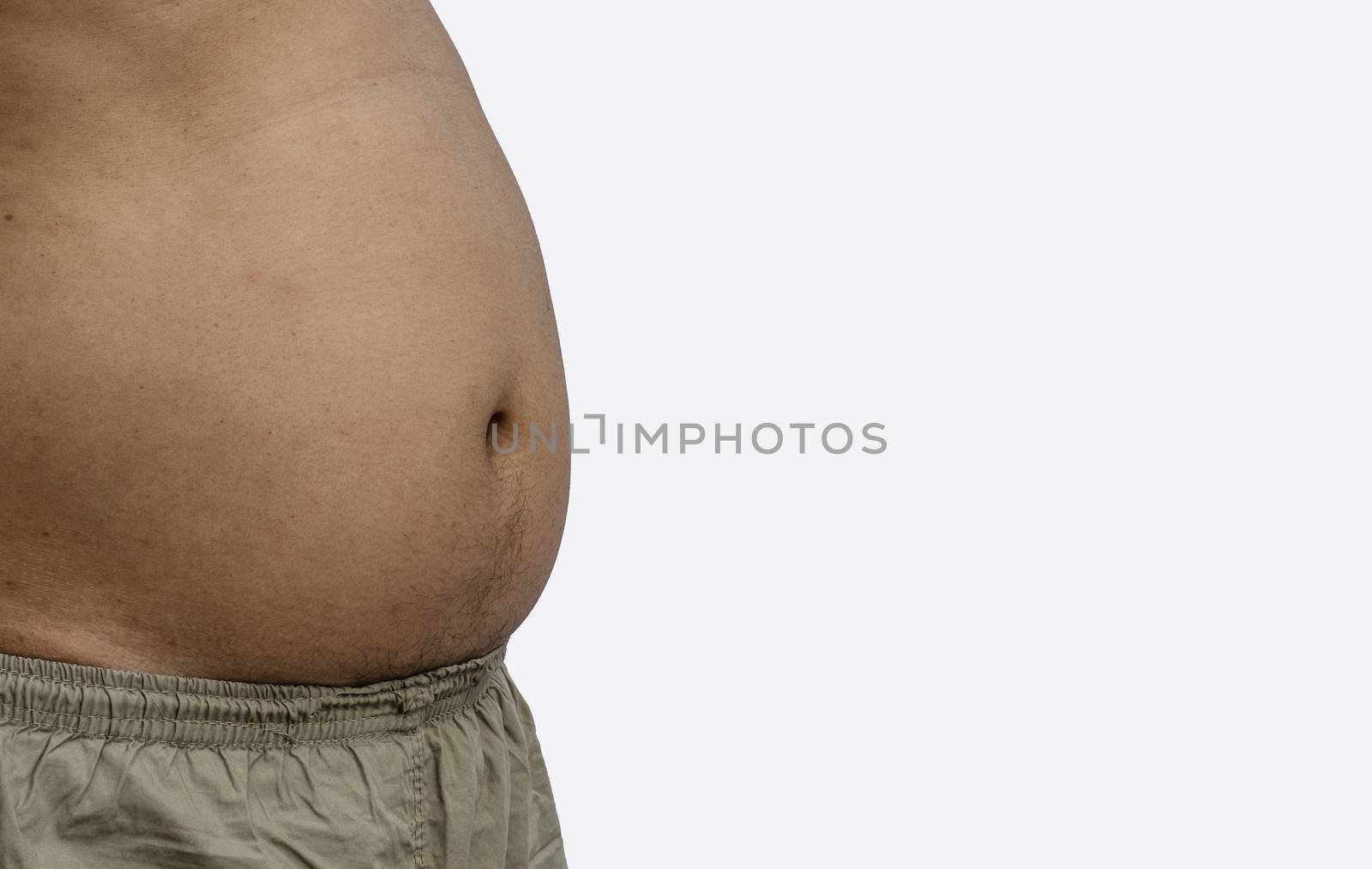 Fat man with big belly on white background