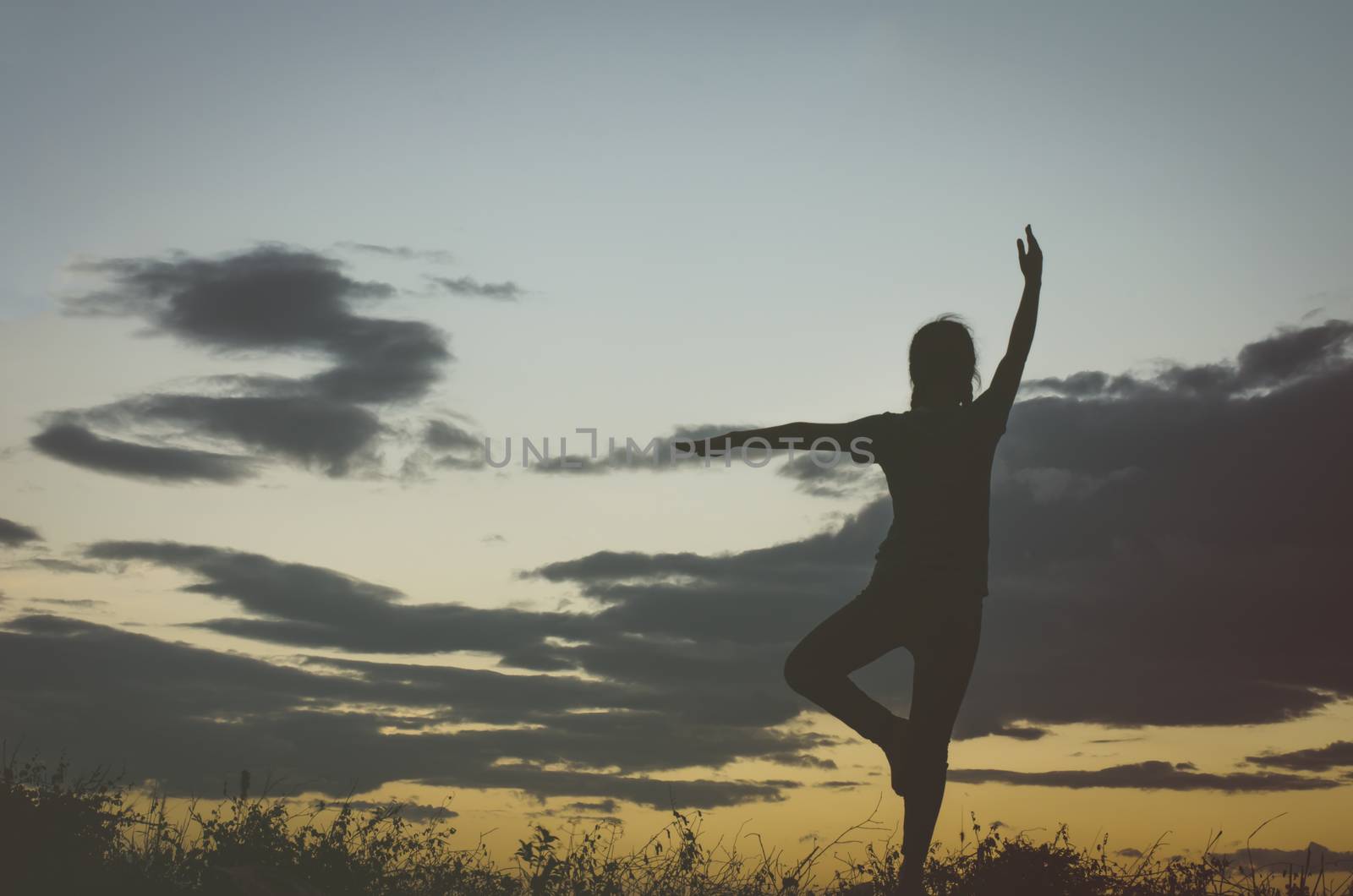 Shadow of a girl showing signs glad to see the sun, sky, nature