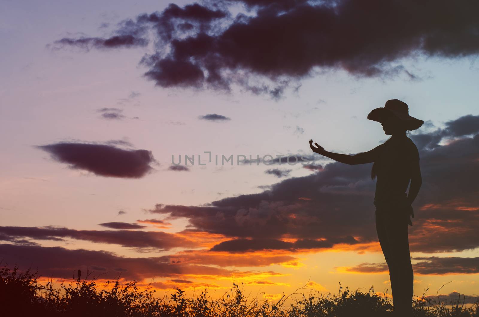 Shadow of a girl showing signs glad to see the sun, sky, nature