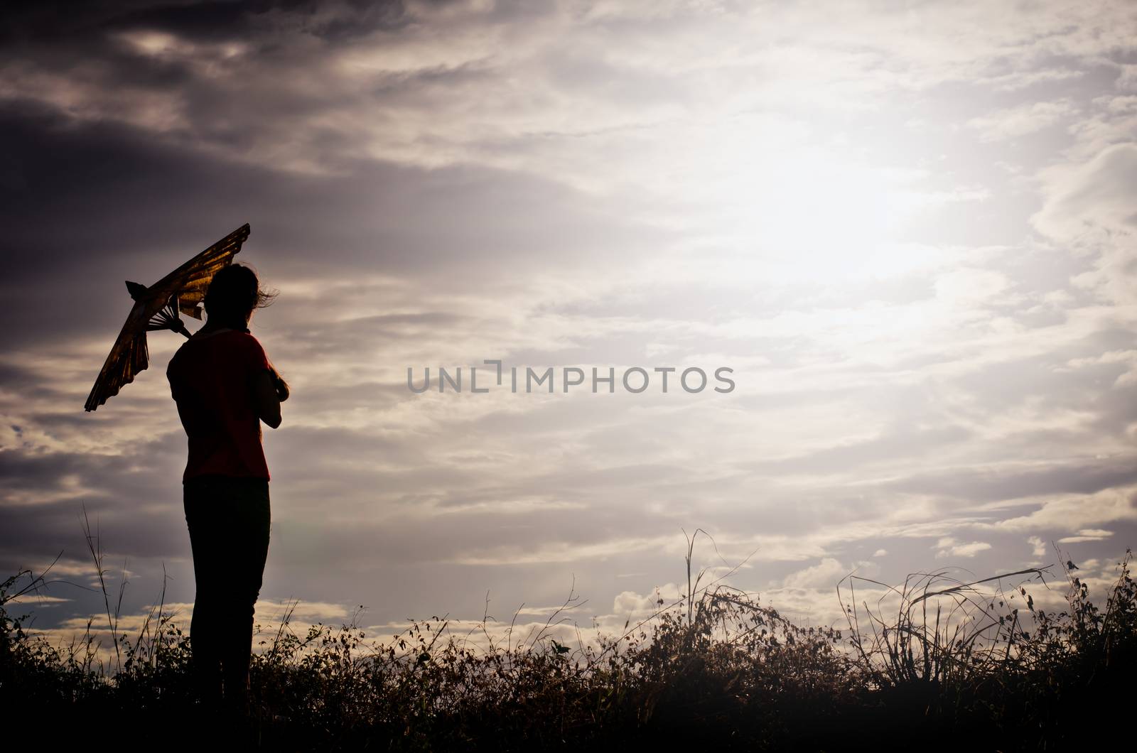 Shadow of a girl showing signs glad to see the sun, sky, nature