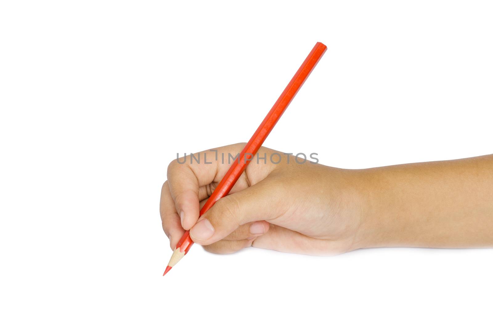 Woman hand with color pencil on a white background