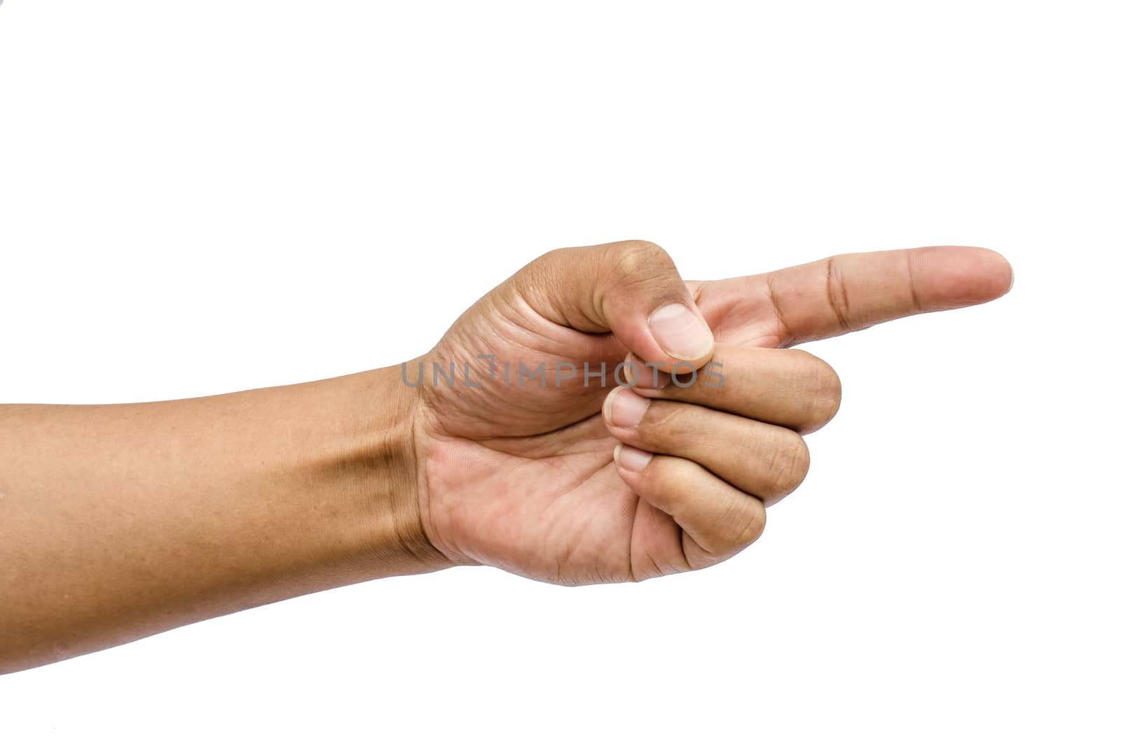 Hand gesture pointing finger on a white background.