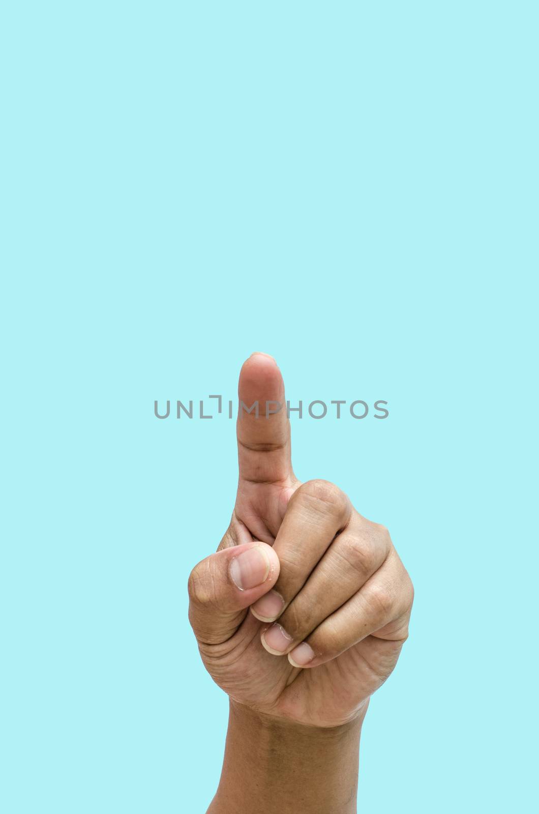 hand gesture pointing finger on blue background by photobyphotoboy