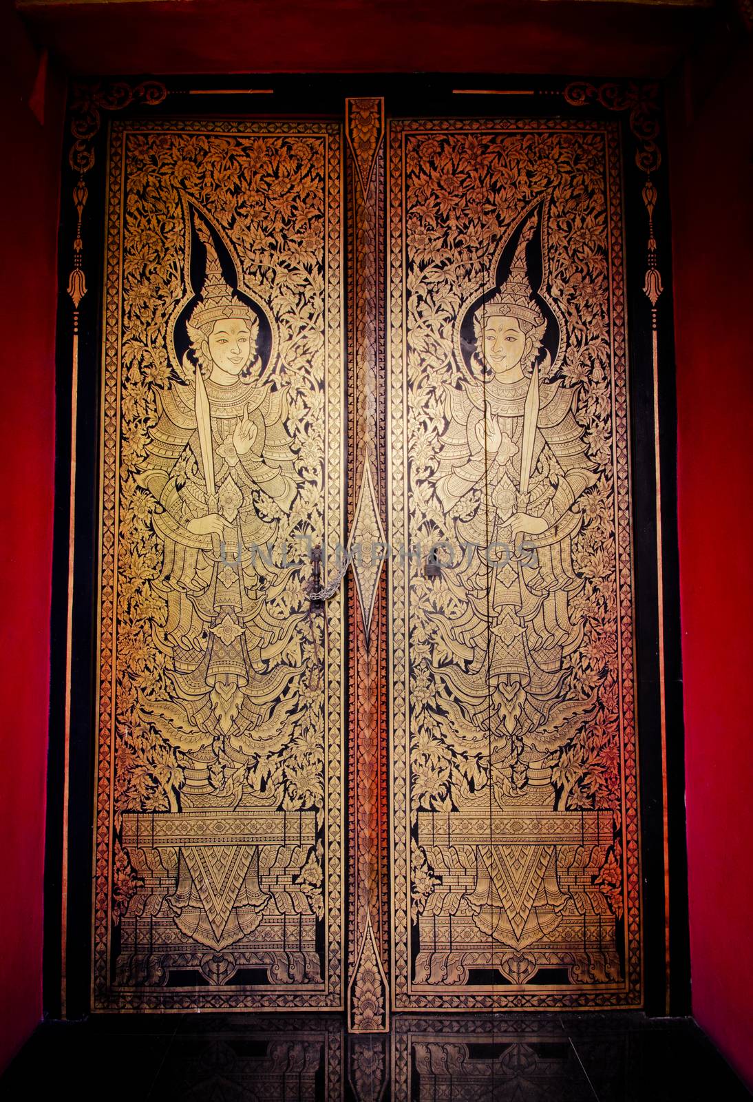Thai pattern on door in Thailand Buddha Temple Asian style art by photobyphotoboy