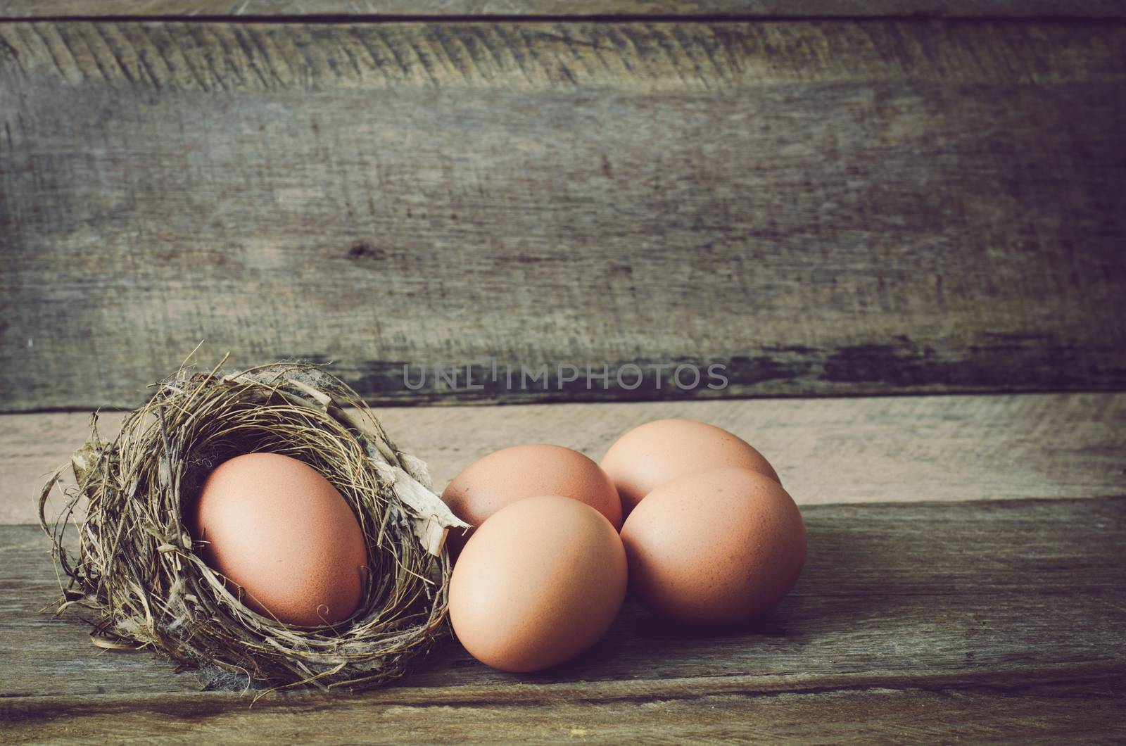 Eggs in a nest on a wooden floor