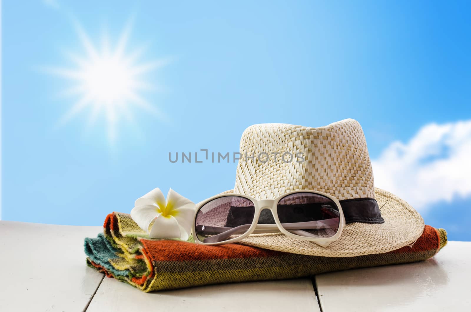 Hats, glasses, scarves, flowers are placed on a wooden floor with the sun and sky background.