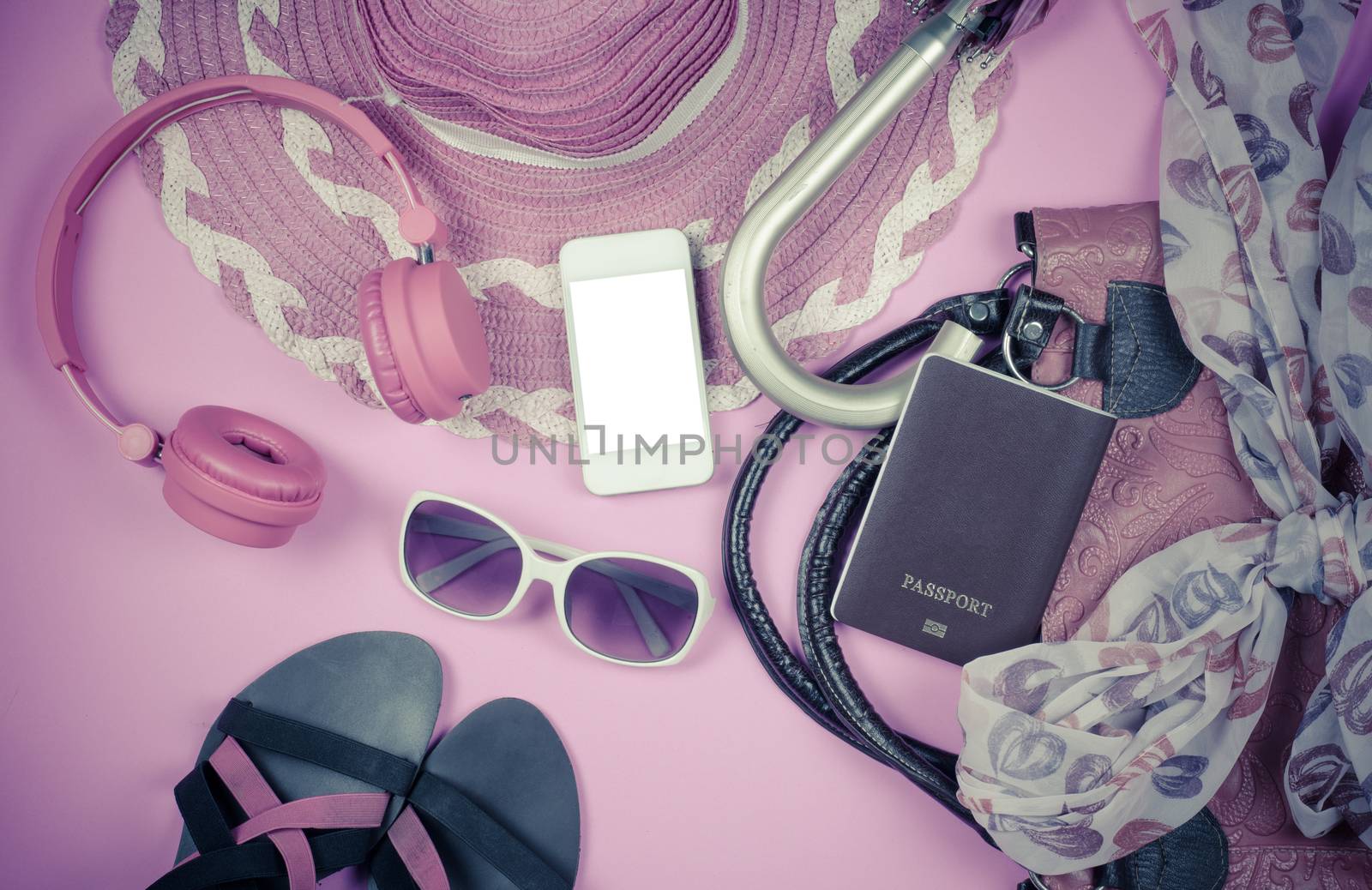 Travel accessories, bags, scarves, umbrellas, wallets headphones. Vodafone Passport smart shoes ready for the trip.