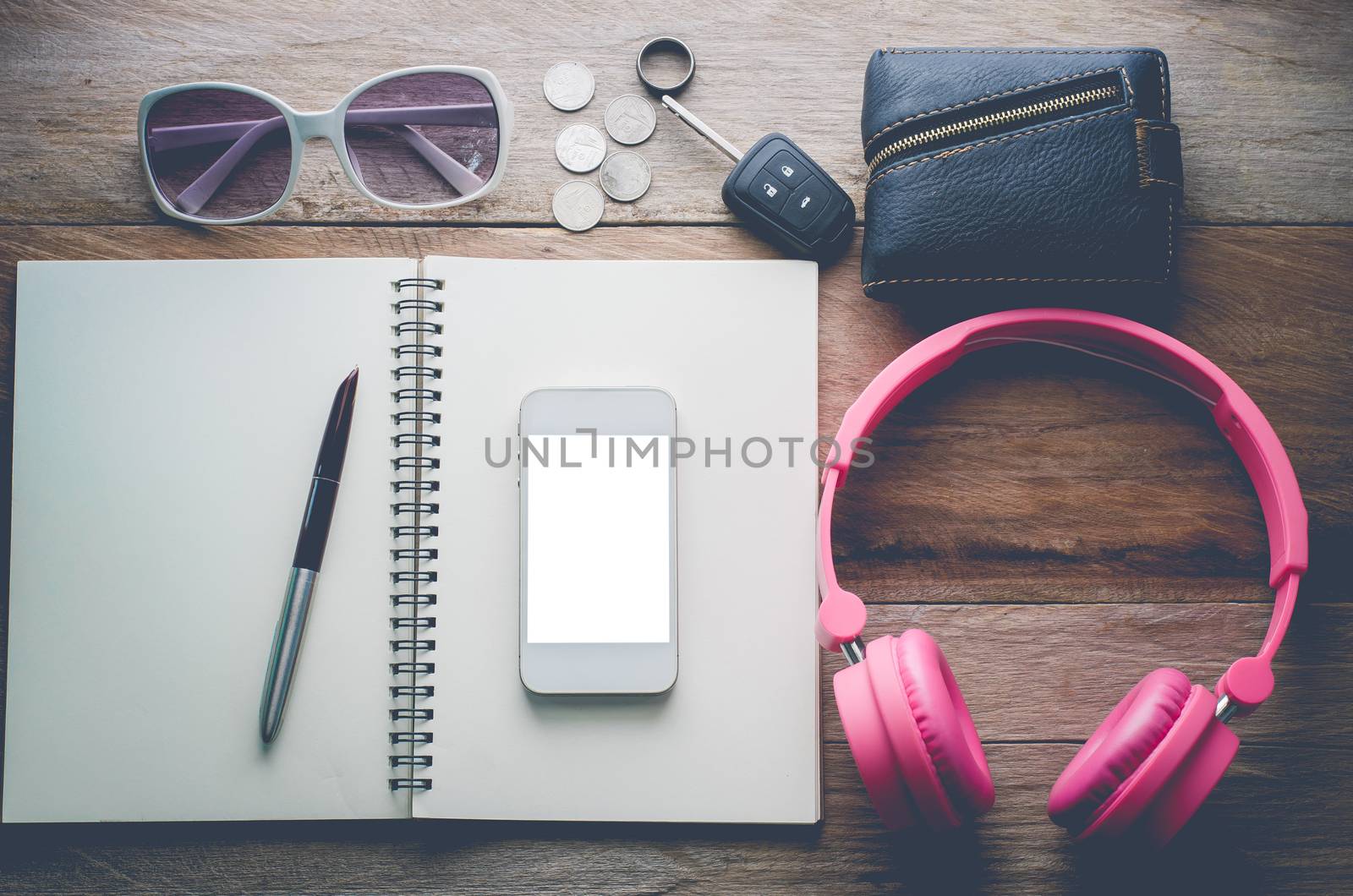 Equipment Used car keys, glasses, wallet, coins, pens, notebooks, headsets and smart-phones.