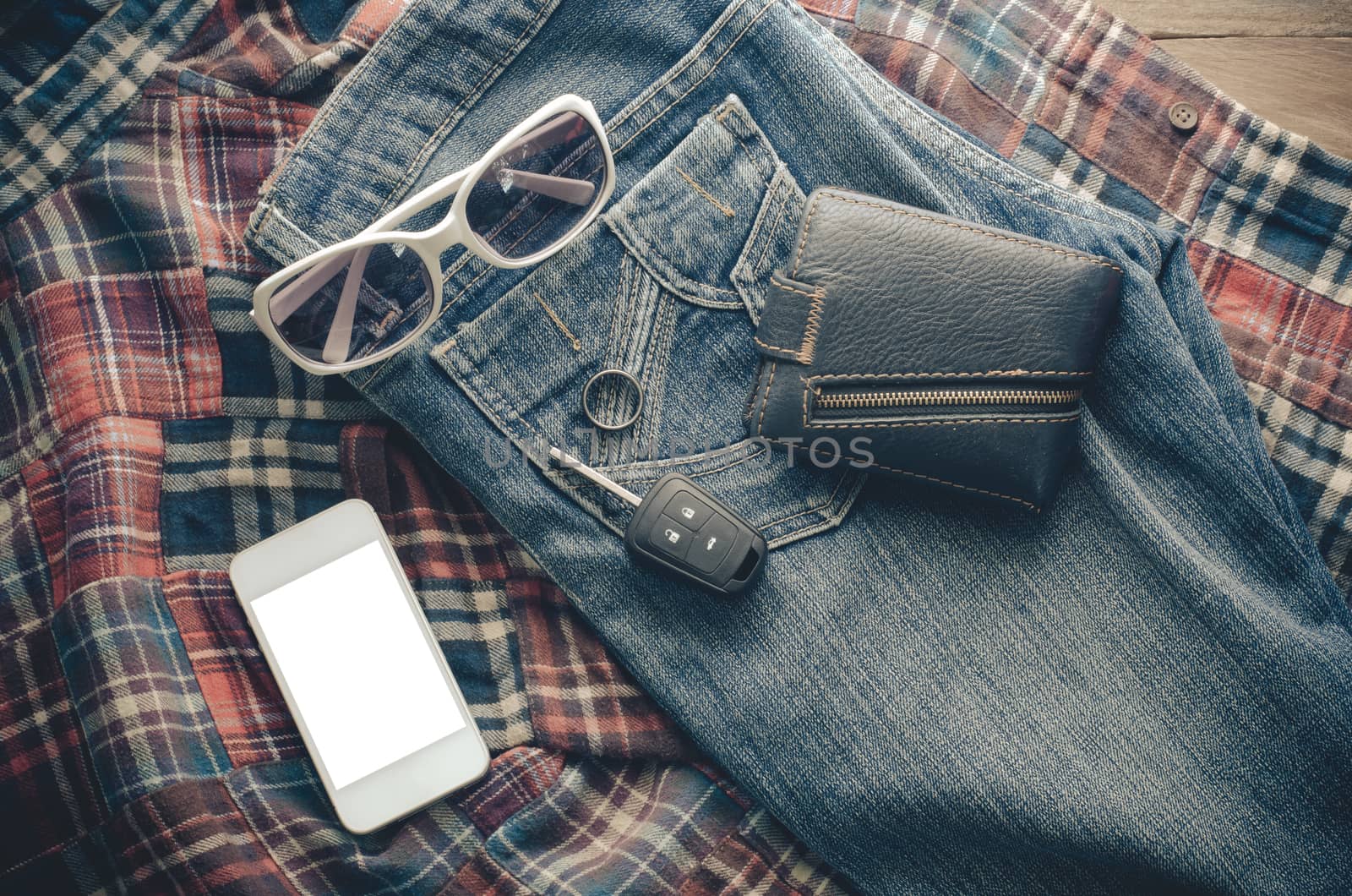 Clothing accessories, glasses, wallet, smart-phone,shirts , jeans, car key