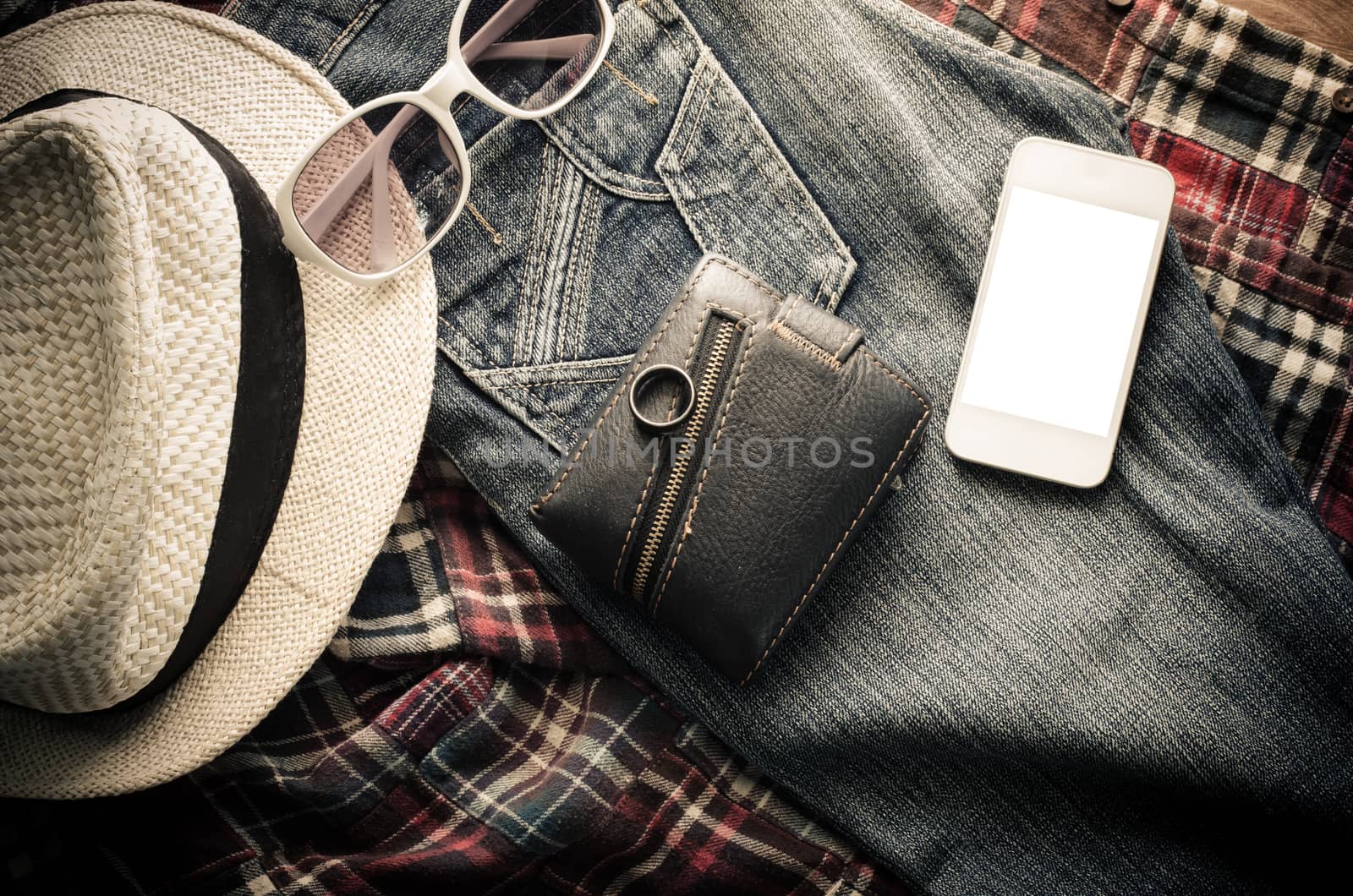 Clothing accessories, hats, glasses, wallet, smart-phone,shirts , jeans