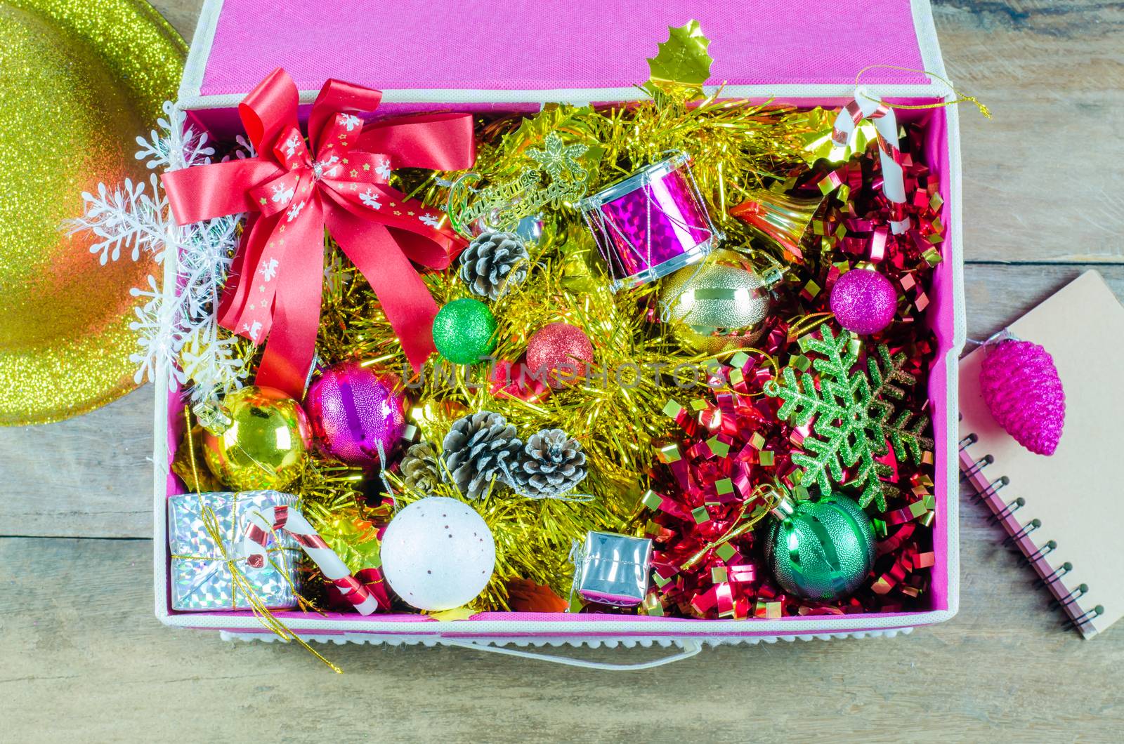 The Christmas decorations in a box.