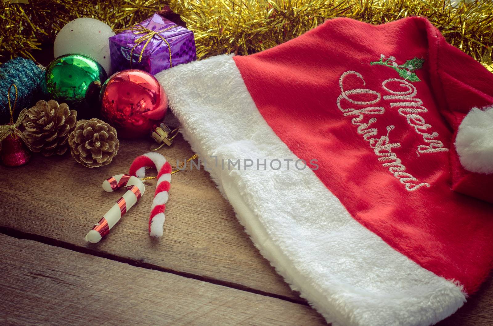 Christmas Background and hats santa on wood - tone vintage