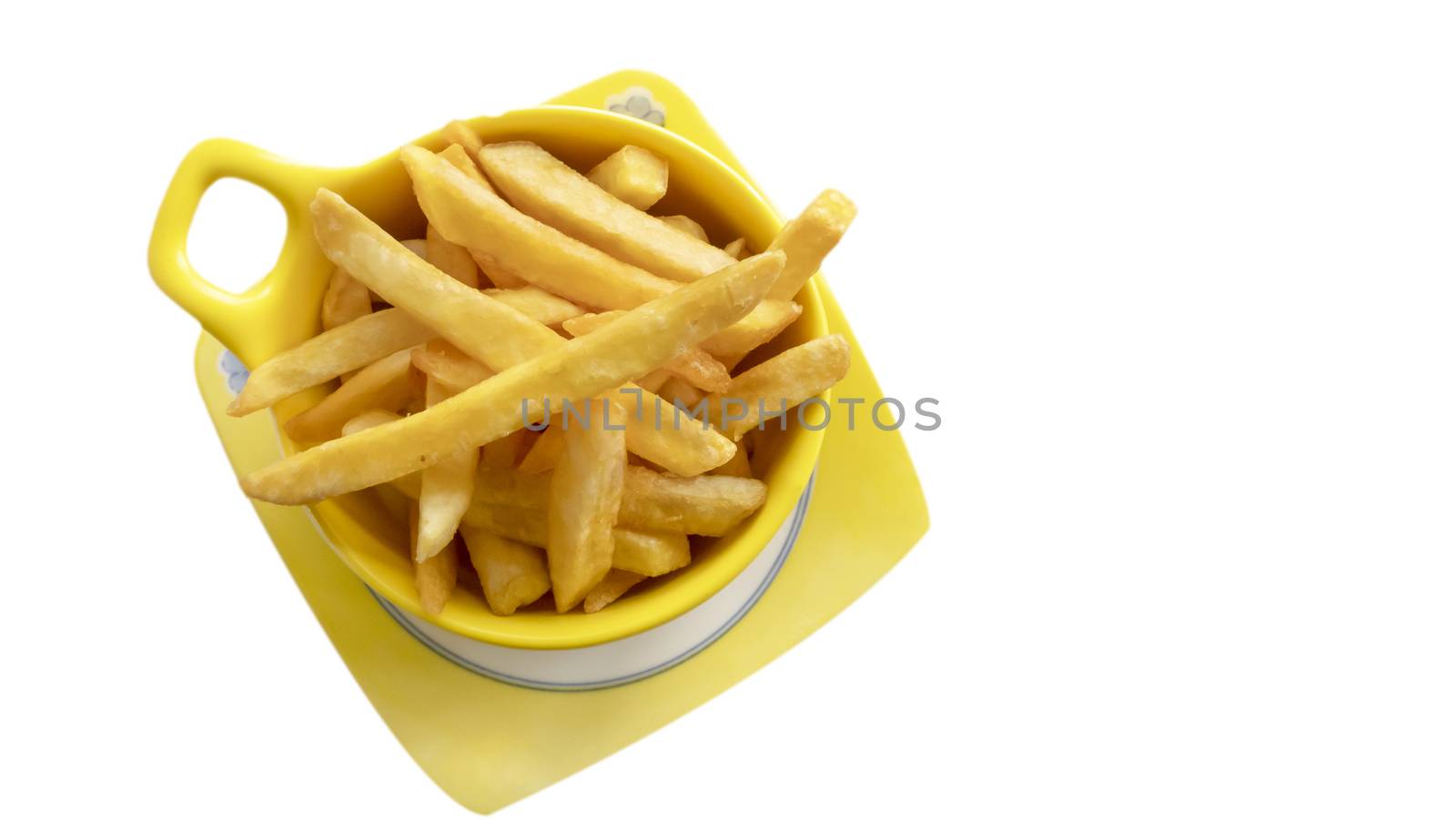 Cups of French fries over white background