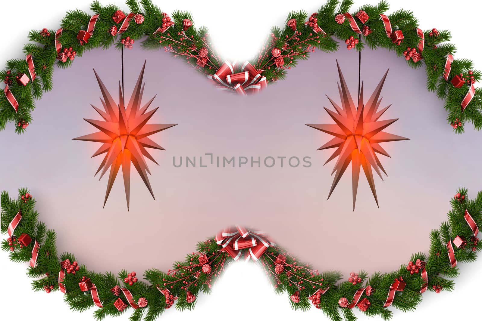 Christmas tree branches with red berries decoration and poinsettia in the middle