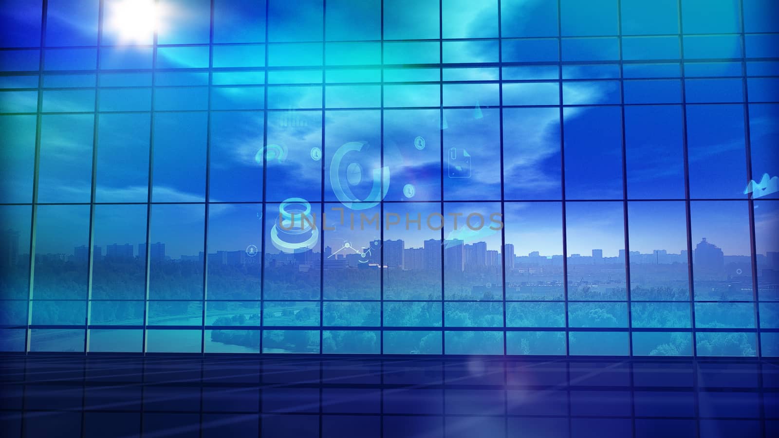 Blue large office building in front of a panoramic glass window.