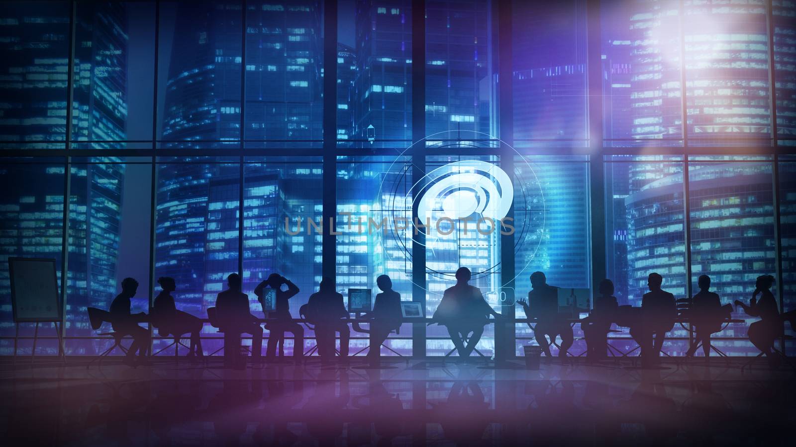 Silhouettes of employees led by their leader in a large office in front of a panoramic window.