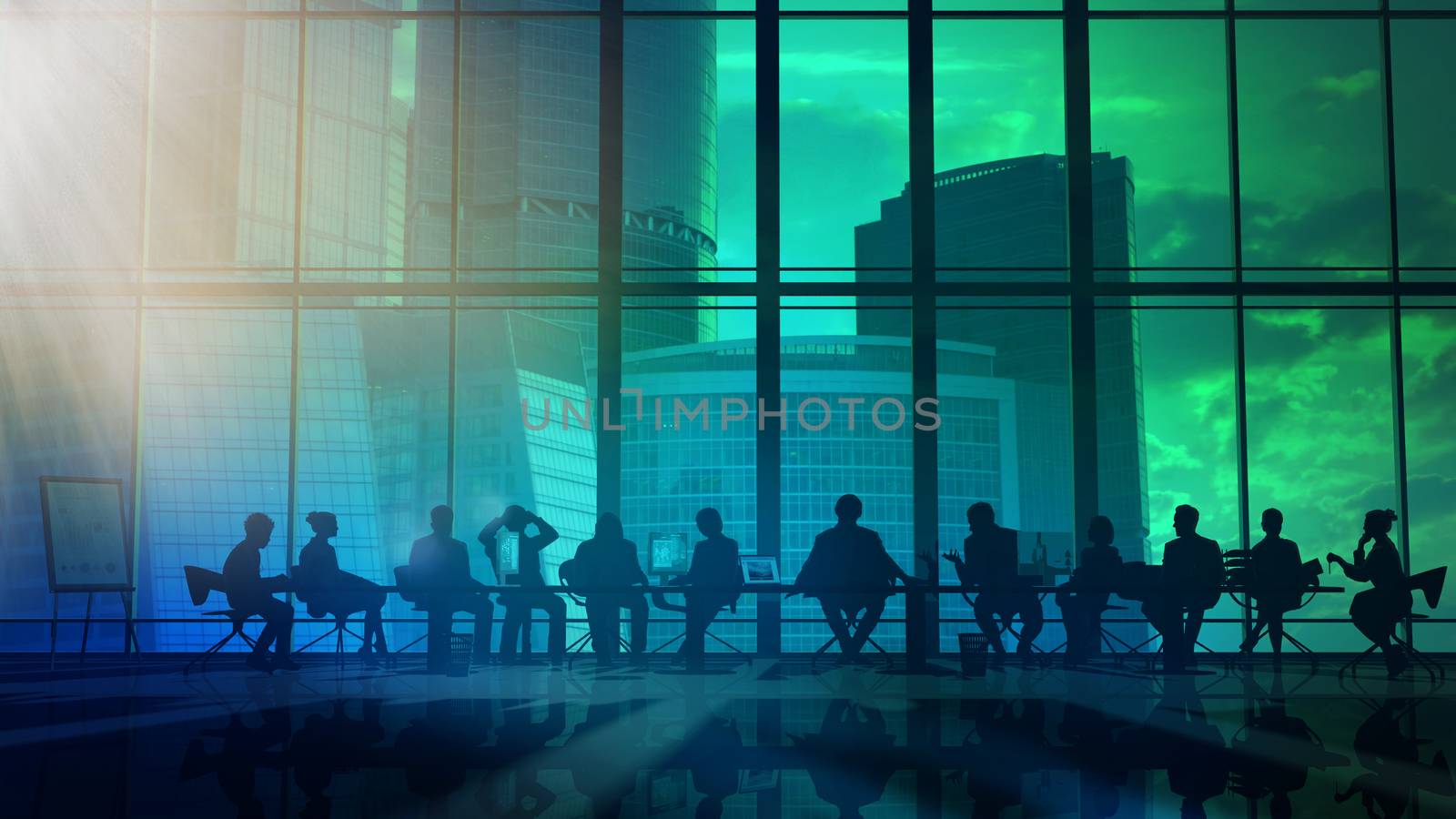 Silhouettes of employees led by their leader in a large office in front of a panoramic window.