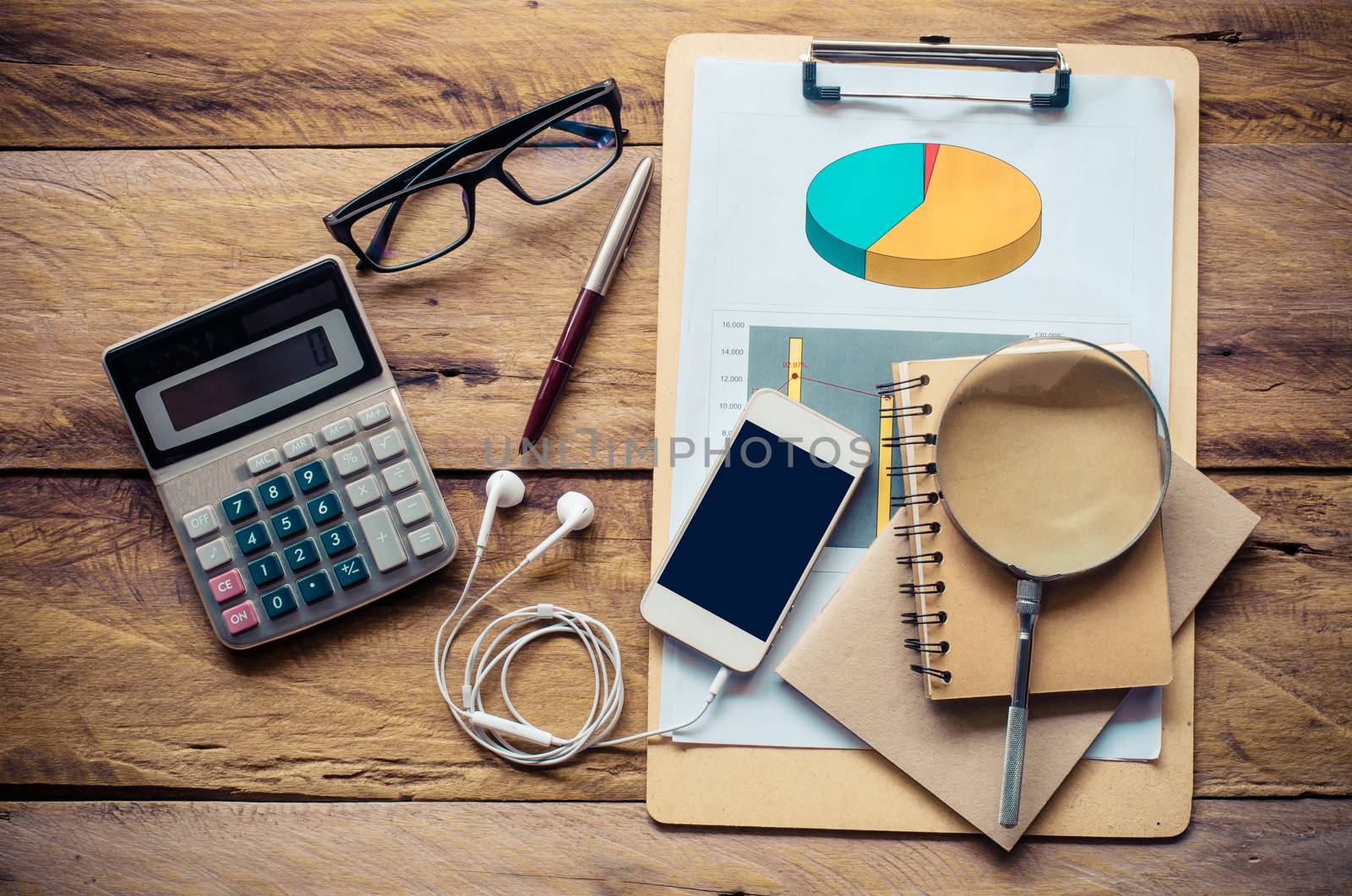 costume calculator, pen, notebook and accessory for work on wood by photobyphotoboy